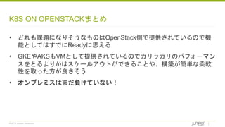 © 2018 Juniper Networks
K8S ON OPENSTACKまとめ
• どれも課題になりそうなものはOpenStack側で提供されているので機
能としてはすでにReadyに思える
• GKEやAKSもVMとして提供されているのでカリッカリのパフォーマン
スをとるよりかはスケールアウトができることや、構築が簡単な柔軟
性を取った方が良さそう
• オンプレミスはまだ負けていない！
 