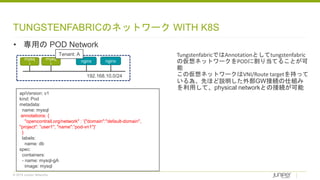 © 2018 Juniper Networks
TUNGSTENFABRICのネットワーク WITH K8S
• 専用の POD Network
mysq
l
nginx nginxmysq
l
192.168.10.0/24
Tenant: A
apiVersion: v1
kind: Pod
metadata:
name: mysql
annotations: {
"opencontrail.org/network" : '{"domain":"default-domain",
"project": ”user1", "name":”pod-vn1"}'
}
labels:
name: db
spec:
containers:
- name: mysql-gA
image: mysql
TungstenfabricではAnnotationとしてtungstenfabric
の仮想ネットワークをPODに割り当てることが可
能
この仮想ネットワークはVNI/Route targetを持って
いる為、先ほど説明した外部GW接続の仕組み
を利用して、physical networkとの接続が可能
 