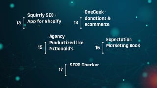 Squirrly SEO -
App for Shopify
OneGeek -
donations &
ecommerce
Agency
Productized like
McDonald’s
Expectation
Marketing Bo...