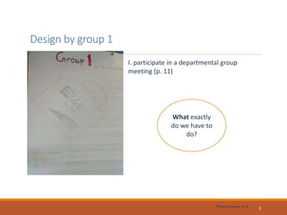 Design by group 1
3
I. participate in a departmental group
meeting (p. 11)
What exactly
do we have to
do?
Photo courtesy of G.
 