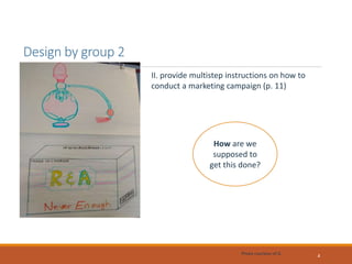 Design by group 2
4
II. provide multistep instructions on how to
conduct a marketing campaign (p. 11)
How are we
supposed to
get this done?
Photo courtesy of G.
 