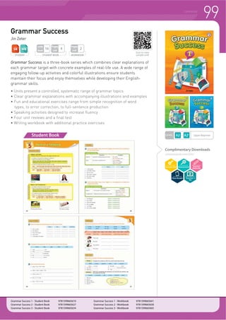LEVEL
Grammar Starter
David Charlton
Grammar Starter LV D YLEUDQW WKUHHERRN JUDPPDU VHULHV LQ IXOO FRORU KDSWHUV DUH
organized around basic grammar topics and units are structured to present,
practice, and reinforce grammar points. Students will quickly grasp the
fundamentals of English grammar necessary to build their communication skills.
f )LYH FKDSWHUV SUHVHQWLQJ D FRQWUROOHG VVWHPDWLF UDQJH RI JUDPPDU WRSLFV
f )XOOFRORU LOOXVWUDWLRQV WR VXSSRUW WKH SUHVHQWDWLRQ RI JUDPPDU UXOHV
f Practice exercises designed to build student confidence and accuracy in
English grammar
f }0 *UDPPDU 1RWHV} VHFWLRQ DW WKH HQG RI HDFK XQLW VXPPDUL]HV WKH
grammar rules
f KDSWHU UHYLHZ WHVWV IRU FRQVROLGDWLRQ RI WDUJHW VWUXFWXUHV
f Workbook with additional practice exercises
95GRAMMAR
Complimentary Downloads
compasspub.com/GST
Emergent~
Beginner
Student Book
Grammar Starter 1 - Student Book 9781599665351
Grammar Starter 2 - Student Book 9781599665368
Grammar Starter 3 - Student Book 9781599665375
Grammar Starter 1 - Workbook 9781599665382
Grammar Starter 2 - Workbook 9781599665399
Grammar Starter 3 - Workbook 9781599665405
STUDENT WORKBOOK
Pages
Unit
2
STUDENT BOOK
Pages
Unit
4
Units
Book
20
Teacher’s
Kit
Scan to view
sample unit!
 