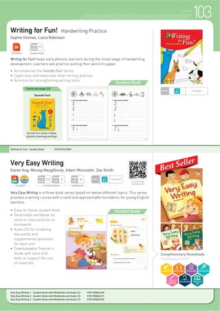 99GRAMMAR
Grammar Success
Jin Zeter
Grammar Success 1 - Student Book 9781599665610
Grammar Success 2 - Student Book 9781599665627
Grammar Success 3 - Student Book 9781599665634
Grammar Success 1 - Workbook 9781599665641
Grammar Success 2 - Workbook 9781599665658
Grammar Success 3 - Workbook 9781599665665
Grammar Success is a three-book series which combines clear explanations of
each grammar target with concrete examples of real-life use. A wide range of
engaging follow-up activities and colorful illustrations ensure students
maintain their focus and enjoy themselves while developing their English-
grammar skills.
f 8QLWV SUHVHQW D FRQWUROOHG VVWHPDWLF UDQJH RI JUDPPDU WRSLFV
f OHDU JUDPPDU H[SODQDWLRQV ZLWK DFFRPSDQLQJ LOOXVWUDWLRQV DQG H[DPSOHV
f )XQ DQG HGXFDWLRQDO H[HUFLVHV UDQJH IURP VLPSOH UHFRJQLWLRQ RI ZRUG
types, to error correction, to full-sentence production
f Speaking activities designed to increase fluency
f )RXU XQLW UHYLHZV DQG D ILQDO WHVW
f Writing workbook with additional practice exercises
Student Book
STUDENT
Complimentary Downloads
compasspub.com/GSU
LEVEL Upper Beginner
WORKBOOK
Pages
Unit
2
STUDENT BOOK
Pages
Unit
4
Units
Book
16
Teacher’s
Kit
Scan to view
sample unit!
 