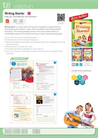 WRITING
32
Read and write.
Look and write.
(Example)
There is milk on the table. Bill looks at thek milk.
2. There is a ___________. It is under the watermelon.
1. There is a ___________ of water.
fork knife spoon milk bowl
Forks, Spoons, Knives
___________
___________
___________
fork ___________
___________
___________
knife ___________
___________
___________
spoon ___________
___________
___________
milk ___________
___________
___________
bowl
5555555555555555555555555555555555555555555555555555555555555555555555555555555555555555555555555555555555555555555555555555555555555555555555555
33
Look and write.
Is there a bowl?
Yes, there _______.
Are there knives?
No, there _______.
Are there spoons?
Yes, there _______.
Is there an apple?
No, there _______.
Look, read, and write.
LanguageLanguage
BoxBoxBoxBoxBoxBox
There is/isn't . . . . There are/aren’t . . . . Is there . . . ? Are there . . . ?
There is/isn’t a fork. There are/aren’t forks. Is there a fork? Are there forks?
There is/isn’t an apple. There are/aren’t apples. Is there an apple? Are there apples?
1.
a. Mike has a _______.
b. There _______ bowls
and spoons on the
blanket.
c. _______ there milk?
d. No, there _______.
2.
a. Lucy _______ food.
b. There is an _______
and a cookie.
c. Is _______ a banana?
d. _______, there isn't.
a. Sally has a basket.
b. There are
bananas in the
basket.
c. Are there forks?
d. Yes, there are.
1. 2.
3. 4.
(Example)
Starter
34
Read and write.
55555555555555555555555555555555555555555555555555555555555555555555555555555555555555555555555555555555555555555555555555555
breakfast fish sugar potato half
___________
___________
___________
breakfast ___________
___________
___________
fish ___________
___________
___________
sugar ___________
___________
___________
potato ___________
___________
___________
half
Look, circle, and write.
Breakfast (is / are)
on the table.
_________________
_________________
There (is / are) a fish
in the bowl.
_________________
_________________
There (is / are) potatoes
in the basket.
_________________
_________________
Learn and write.
1. 2. 3.
1. There is _______
by the bowl.
2. There are _______
in the bowl.
3. The _______ is on the
table.
35
Look and write.
LanguageLanguage
BoxBoxBoxBoxBoxBox
potatoes sugar
spoon table
Read and write.
1. Are there bowls by the spoons?
_________________________________
2. Is there milk on the table?
Yes, ________ ________ ________ on the table.
3. What does Lucy have?
Lucy ________ ________.
4. Are there bowls?
Yes, ________ ________ ________ ________.
1. Is there water on the ____________?
____________, ____________ ____________.
2. Is there a ____________ on the table?
No, ____________ ____________.
3. Is there ____________ by the milk?
____________, there ____________.
4. Are there ____________ in the basket?
No, ____________ ____________.
Practice
Student Book
Scan to view
sample unit!
Writing Basics is a two-book writing series designed for elementary students of
English. Throughout, carefully leveled activities guide students as they expand
their core vocabulary and gain familiarity with fundamental structures. Students
gradually build their confidence in writing about a wide range of topics and
everyday situations as they progress towards producing their own responses to
prompts. With plenty of support and gradually-increasing task difficulty, the
Writing Basics series offers young writers the chance for a positive learning
experience and a solid foundation for their English writing skills.
f 7KHPHG XQLWV ZLWK JUDGHG WRSLFEDVHG YRFDEXODU
f 5HDOLVWLF WRSLFV DQG HYHUGD WKHPHV
f 6VWHPDWLF SURJUHVVLRQ RI LPSRUWDQW VWUXFWXUHV
f 6HSDUDWH YRFDEXODU JUDPPDU FRPSUHKHQVLRQ DQG ZULWLQJ SUDFWLFH
f /RWV RI FRORUIXO LOOXVWUDWLRQV WR VXSSRUW XQGHUVWDQGLQJ
f *UDGXDOO LQFUHDVLQJ WDVN FRPSOH[LW DQG GLIILFXOW
STUDENT BOOK
Pages
Unit
6
Units
Book
12
STUDENT WORKBOOK
Pages
Unit
2
Writing Basics
6LPSOH 6HQWHQFHV IRU RXQJ :ULWHUV
Tamara Wilburn
Complimentary Downloads
compasspub.com/WBS
LEVEL
Emergent~
Beginner
Teacher’s
Kit
Writing Basics 1 - Student Book with Workbook 9781640150959
Writing Basics 2 - Student Book with Workbook 9781640150966
104
 