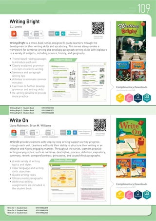 WRITING
46
press clay oven directions tool
Something I Made
Unit
7
1.
(pressing,
clay)
_________________________________
3.
(choosing,
tool)
_______________________________
2.
(sign,
directions)
_________________________________
4.
(cookies,
oven)
_________________________________
AAAAAAAAAAAAAAAAAAAAAAA Learn the words.
CCCCCCCCCCCCCCCCCCCCCCCCCC Write a full sentence to describe the picture. Use the words given.
BBBBBBBBBBBBBBBBBBBBB Finish the answers with a word from AAAAAAAAAAAAAAAAAAAAAAAAAAA. Then practice asking and answering
with a partner.
1. A: What do we use to make or fix things?
B: We use __________ to make or fix
things.
2. A: Do you know how to find the castle?
B: Yes, I found the __________ on the
Internet.
3. A: What is another word for push?
B: __________ is another word for push.
4. A: What are many decorative pots
made of?
B: Many pots are made of
__________.
5. A: What is a machine for baking?
B: A(n) __________ is a machine for
baking.
47
?
1. the interesting / his mom made. / Jack liked / clay pots that
_____________________________________________________________________________
2. his mom / So he asked / a small / to teach him / how to make / clay pot.
_____________________________________________________________________________
3. but he had fun / Jack's first pot / making it. / very pretty, / was not
_____________________________________________________________________________
Problem
Your friend wants to try making
a piece of clothing.
EEEEEEEEEEEEEEEE Give advice. Write an advice sentence for each picture.
DDDDDDDDDDDDDDDDDDDDDDDD Unscramble the sentences to tell the story. Use the pictures to help you.
(tools)
____________________________________
Advice 1 Advice 2
(cloth)
____________________________________
Language Box
When giving advice, you can startWhen giving advice, you can start
withwith II think you shouldthink you should + erbverb. . . .
Example
I think you shouldI think you should see a doctor.see a doctor.
48
1. The students ____________________________________________. (making, works of art)
2. The teacher _________________________________________. (directions, whiteboard)
3. The girl with long hair ________________________________________. (working, clay)
4. The girl with short hair _______________________________________. (paper, scissors)
Some adjectives end with -ed ord -ing. The -ing words often say what something is like.
The –ed words often say how someone feels.d
This movie is boring, so he’s bored.
The game is exciting. Our team is excited.
That class was confusing. I’m so confused!
1. I’m really (bored / boring) today. There’s nothing to do!
2. Tanya told an (interested / interesting) story at the party.
3. Greg is (confused / confusing) about his math homework.
4. Our trip down the river was really (excited / exciting).
5. That book was so (bored / boring) I fell asleep.
AAAAAAAAAAAAAAAAAAAAAAAAAAA Look at the picture and complete the sentences.
BBBBBBBBBBBBBBBBBB Study the table. Then circle the correct word in each sentence.
PracticePracticePracticePracticePractice
49
Unit
7
Do you think it is good or bad for schools to have art classes?
Introduction (Explain what your paragraph is about. Start with In my opinion.)
_____________________________________________________________________
Body (List your reasons using First,t Second, andd Finally.)
_____________________________________________________________________
_____________________________________________________________________
_____________________________________________________________________
Conclusion (Why is your answer the best?)
_____________________________________________________________________
Encourage creativity
Let kids express themselves Most don’t have talent in art
Don't teach future job skills
3. Write a paragraph answering the question.
1. Draw lines to complete the chart.
CCCCCCCCCCCCCCCCCCC Complete the following exercises to write a paragraph.
Art Classes in SchoolsGood Bad
Teach cultural traditions
A. Three reasons art classes are good
___________________________________
___________________________________
___________________________________
B. Three reasons art classes are bad
___________________________________
___________________________________
___________________________________
2. Write down your answers. Compare your answers with a partner’s.
Other subjects more
important
Student Book
Writing Step By Step is a two-book writing series designed for young students of
English. Expanding on students’ knowledge of core vocabulary and
fundamental structures, this series introduces higher level, more expressive
vocabulary, and more complex structures to help emerging writers better
express their ideas. Students are also introduced to paragraph form and the
basics of the writing process, including essential brainstorming methods.
Throughout each unit, activities progress gradually from vocabulary building
and structure practice to writing sentences and creating paragraphs. This
series also focuses on practice on various types of writing, ranging from
descriptive, narrative, to argumentative paragraphs to develop fluency.
f 8QLW WKHPHV DQG WRSLFV WKDW RXQJ OHDUQHUV FDQ UHODWH WR
f DUHIXOO OHYHOHG YRFDEXODU DQG VWUXFWXUHV
f :LGH YDULHW RI DFWLYLW WSHV WR PDLQWDLQ LQWHUHVW
f *XLGHG SUDFWLFH ZLWK LPSRUWDQW VWHSV LQ WKH ZULWLQJ SURFHVV
f ([SRVXUH WR GLIIHUHQW SDUDJUDSK WSHV
Writing Step By Step
Easy Topics for Emerging Writers
Peggy Anderson
Complimentary Downloads
compasspub.com/WSBS
LEVEL
Beginner ~
Intermediate
Writing Step By Step 1 - Student Book with Workbook 9781640150973
Writing Step By Step 2 - Student Book with Workbook and Student Digital Materials CD 9781640150980
Teacher’s
Kit
STUDENT STUDENT BOOK
Pages
Unit
6
Units
Book
12
WORKBOOK
Pages
Unit
2
Only for Book 2
105
Scan to view
sample unit!
 