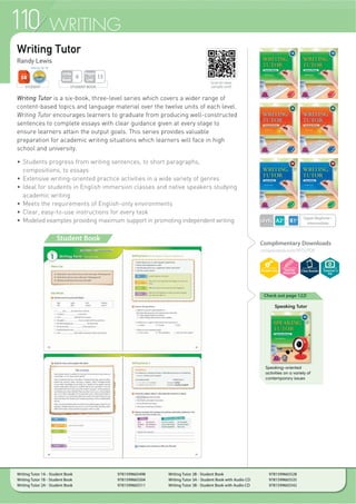 WRITING
Guided Writing
Liana Robinson
Guided Writing is a three-book series developed to stimulate creativity in young
learners while developing the foundational skills required to write mistake-free
sentences and simple paragraphs. The series provides learners with exercises
and activities centered on modeled writing which allows them to develop their
writing and creative thinking skills.
f )DPLOLDU DQG LQWHUHVWLQJ WRSLFV
f )RXU VHFWLRQV SHU XQLW WKDW SUHVHQW YRFDEXODU RIIHU SUDFWLFH ZULWLQJ
well-structured sentences, develop students’ brainstorming abilities, and
guide students in writing well-organized paragraphs
f 5HDGLQJ VSHDNLQJ DQG OLVWHQLQJ DFWLYLWLHV WR LQFUHDVH RYHUDOO FRPSUHKHQVLRQ
f :ULWLQJ VDPSOHV DQG VWUDWHJLHV UHOHYDQW WR HDFK XQLWV WRSLF
f *XLGHG TXHVWLRQV WR KHOS OHDUQHUV SODQ DQG ZULWH TXDOLW SDUDJUDSKV
f 'HWDFKDEOH SUDFWLFH ERRN IRU H[WUD LQFODVV SUDFWLFH RU KRPHZRUN
Complimentary Downloads
compasspub.com/GW
STUDENT BOOK
Pages
Unit
8
Units
Book
12
STUDENT
LEVEL
Emergent~
Beginner
WORKBOOK
Pages
Unit
4
Student Book
Guided Writing 1 - Student Book with Practice Book 9781613524671
Guided Writing 2 - Student Book with Practice Book 9781613524688
Guided Writing 3 - Student Book with Practice Book 9781613524695
Scan to view
sample unit!
Teacher’s
Kit
106
 