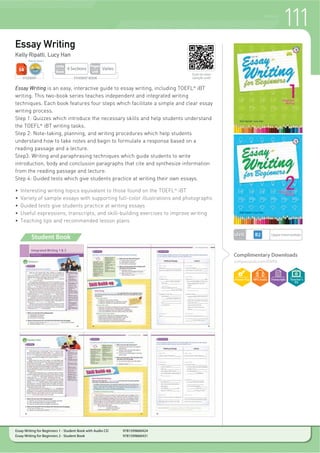 WRITING
LEVEL
Guided Writing Plus
Liana Robinson, Brantley Smith
Guided Writing Plus is a three-book series developed with exercises and
activities centered on modeled writing which allows learners to develop their
writing and creative thinking skills. Practical and useful writing types, such as
emails, letters, movie and book reviews, and creative writing appeal to
students’ interests. Each unit focuses on a theme and uses modeled writing,
prompts, and graphic organizers to help learners organize and structure their
writings.
f $SSHDOLQJ HW IXQFWLRQDO ZULWLQJ WSHV
f +HOSIXO WLSV DQG JXLGDQFH WKDW FRUUHVSRQG WR HDFK XQLWV ZULWLQJ WSH
f 0RGHOHG ZULWLQJ VDPSOHV LQ HDFK XQLW
f *XLGHG TXHVWLRQV WR KHOS VWXGHQWV FUHDWH RXWOLQHV IRU WKHLU ZULWLQJ GUDIWV
f 'HWDFKDEOH SUDFWLFH ERRN IRU H[WUD LQFODVV SUDFWLFH RU KRPHZRUN
Complimentary Downloads
compasspub.com/GWP
STUDENT BOOK
Pages
Unit
8
Units
Book
12
STUDENT
Beginner~
Upper Beginner
Student Book
WORKBOOK
Pages
Unit
4
Guided Writing Plus 1 - Student Book with Practice Book 9781613524640
Guided Writing Plus 2 - Student Book with Practice Book 9781613524657
Guided Writing Plus 3 - Student Book with Practice Book 9781613524664
Teacher’s
Kit
107
Scan to view
sample unit!
 