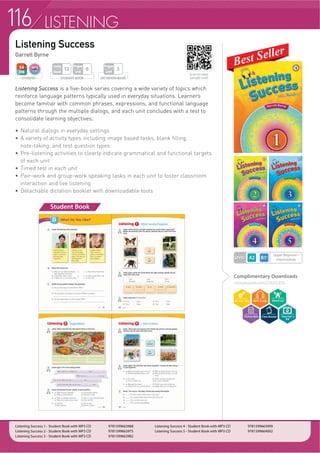 LISTENING
Listen up everyone! Compass Publishing is here to offer a wide range of listening titlesListen up everyone! Compass Publishing is here to offer a wide range of listening titlesListen up everyone! Compass Publishing is heListen up everyone! Compass Publishing is here to offer a wide range of lisre to offer a wide range of listening titening titletless
to accommodate any student level. From elementary to adult, we provide key strategiesto accommodate any student level. From elementary to adult, we provide key strategiesto accommodate anto accommodate any student level. From elementary to adult, we providey student level. From elementary to adult, we provide key strategieskeey strategies
to strengthen core listening skills, provide structured practice, and systematic methods allto strengthen core listening skills, provide structured practice, and systematic methods allgthen core listening skills, provide structured practice, and systematic methods ato strengthen core listening skills, provide structured practice, and systematic methods allrovide structured practice and systematito strengthen core listening skills, provide structured practice, and systematic methods all
learners can follow along with.learners can followcan follow alongalong withwith.
Listening Starter 1-3, Second Edition -
Listening Time 1-3 -
Listening Jump 1-3 -
Listening Express 1-3 -
Listening Success 1-5 -
Developing Listening Skills 1-3, Third Edition -
Listening Practice Through Dictation 1-4 -
Target Listening Student Book 1-2 -
Listening to the News: Voice of America 1-3 -
Dynamic Listening  Speaking 1 2Dynamic Listening  Speaking 1-2 -
 