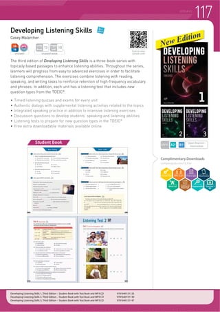 113LISTENING
Listening Starter
Liana Robinson, Kelli Ripatti
Listening Starter is a three-book series designed to assist young learners in
improving their English listening comprehension. It presents the skills needed
to listen effectively through a range of relevant, everyday topics. The goal of
this series is to introduce learners to high-frequency expressions which are for
beginning level students of English and provide basic, listening skills practice.
Although the primary focus is on listening, each unit provides additional
practice in speaking and writing.
f 7KHPHG XQLWV ZLWK JUDGHG WRSLFEDVHG YRFDEXODU
f 1RWHWDNLQJ DQG OLVWHQLQJ IRU GHWDLOV H[HUFLVHV WR LQWURGXFH EDVLF DFDGHPLF VNLOOV
f +LJKIUHTXHQF ZRUGV DQG VWUXFWXUHV IRU RXQJ OHDUQHUV RI (QJOLVK
f *XLGHG VSHDNLQJ DFWLYLWLHV
f 'HWDFKDEOH ZRUNERRN ZLWK GLFWDWLRQ H[HUFLVHV WR HQKDQFH OLVWHQLQJ DELOLWLHV
Student Book
Listening Starter 1, Second Edition - Student Book with MP3 CD 9781613525067
Listening Starter 2, Second Edition - Student Book with MP3 CD 9781613525074
Listening Starter 3, Second Edition - Student Book with MP3 CD 9781613525081
WORKBOOK
Pages
Unit
4
STUDENT BOOK
Pages
Unit
6
Units
Book
12
STUDENT
Complimentary Downloads
compasspub.com/LS2e
LEVEL
Emergent~
Beginner
Scan to view
sample unit!
Teacher’s
Kit
 