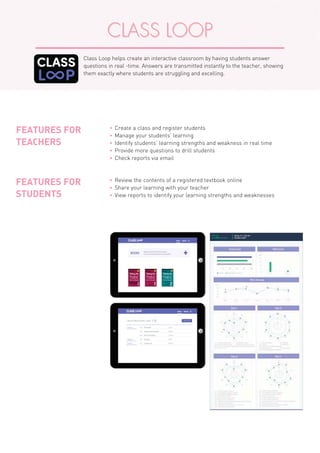 f Create a class and register students
f Manage your students’ learning
f Identify students’ learning strengths and weakness in real time
f Provide more questions to drill students
f Check reports via email
FEATURES FOR
TEACHERS
f Review the contents of a registered textbook online
f Share your learning with your teacher
f View reports to identify your learning strengths and weaknesses
FEATURES FOR
STUDENTS
CLASS LOOP
Class Loop helps create an interactive classroom by having students answer
questions in real -time. Answers are transmitted instantly to the teacher, showing
them exactly where students are struggling and excelling.
 