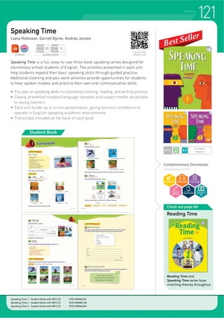LISTENING
Developing Listening Skills
Casey Malarcher
The third edition of Developing Listening Skills is a three-book series with
topically based passages to enhance listening abilities. Throughout the series,
learners will progress from easy to advanced exercises in order to facilitate
listening comprehension. The exercises combine listening with reading,
speaking, and writing tasks to reinforce retention of high-frequency vocabulary
and phrases. In addition, each unit has a listening test that includes new
TXHVWLRQ WSHV IURP WKH 72(,®
.
f 7LPHG OLVWHQLQJ TXL]]HV DQG H[DPV IRU HYHU XQLW
f $XWKHQWLF GLDORJV ZLWK VXSSOHPHQWDO OLVWHQLQJ DFWLYLWLHV UHODWHG WR WKH WRSLFV
f ,QWHJUDWHG VSHDNLQJ SUDFWLFH LQ DGGLWLRQ WR LQWHQVLYH OLVWHQLQJ H[HUFLVHV
f 'LVFXVVLRQ TXHVWLRQV WR GHYHORS VWXGHQWV VSHDNLQJ DQG OLVWHQLQJ DELOLWLHV
f /LVWHQLQJ WHVWV WR SUHSDUH IRU QHZ TXHVWLRQ WSHV LQ WKH 72(,®
f )UHH H[WUD GRZQORDGDEOH PDWHULDOV DYDLODEOH RQOLQH
STUDENT STUDENT BOOK
Pages
Unit
10
Units
Book
12
Complimentary Downloads
compasspub.com/DLS3e
LEVEL
Upper Beginner~
Intermediate
Student Book
Developing Listening Skills 1, Third Edition – Student Book with Test Book and MP3 CD 9781640151123
Developing Listening Skills 2, Third Edition – Student Book with Test Book and MP3 CD 9781640151130
Developing Listening Skills 3, Third Edition – Student Book with Test Book and MP3 CD 9781640151147
Scan to view
sample unit!
Teacher’s
Kit
117
 