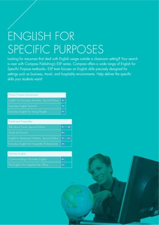SPEAKING
Speaking Tutor 1A - Student Book with Audio CD 9781599665436
Speaking Tutor 1B - Student Book with Audio CD 9781599665443
Speaking Tutor 2A - Student Book with Audio CD 9781599665450
Complimentary Downloads
compasspub.com/TAL
Talk a Lot
David F. Martin
Talk a Lot is a three-book conversation series for young adult and adult learners
of English. The series has been carefully constructed to ease students into each
WRSLF EHIRUH WKH EHJLQ VSHDNLQJ )XQ DQG VWLPXODWLQJ WRSLFV HQJDJH OHDUQHUV WR
develop speaking competence.
f Model dialogs help students see
language in context
f 8VHIXO YRFDEXODU LQWURGXFHG
in each unit
f %ULHI DQG FOHDU JUDPPDU
points introduced with useful
examples
f /LVWHQLQJ H[HUFLVHV SUHVHQW
key words and practical phrases
f 5HDGLQJ DQG ZULWLQJ VHFWLRQV
help consolidate key skills
f )XQ JDPHV DQG DFWLYLWLHV
Complimentary Downloads
compasspub.com/STUTOR
Speaking Tutor
Zoe Smith, Kelli Ripatti, Liana Robinson
Speaking Tutor is a six-book, three-level series designed to encourage learners
to move from individualized self-study to cooperative pair-work and group-work
LQWHUDFWLRQ RQWLQXHG HPSKDVLV RQ SUHVHQWDWLRQV RI LQFUHDVLQJ FRPSOH[LW
helps learners gain confidence in speaking.
f 6SHDNLQJRULHQWHG
activities on a variety of
contemporary issues
f 0RGHOHG H[DPSOHV
providing maximum
support in promoting
independent English fluency
f OHDU HDVWRXVH
instructions for every task
f /HDUQHUV SURJUHVV IURP
interactive roleplays, to
building oral summaries, to
making presentations
Student Book
Student Book
STUDENT BOOK
Pages
Unit
16
Units
Book
6
Upper Beginner~
Upper IntermediateLEVEL
STUDENT
STUDENT BOOK
Pages
Unit
6
Units
Book
12
Intermediate~
Upper IntermediateLEVEL
STUDENT
Speaking Tutor 2B - Student Book with Audio CD 9781599665467
Speaking Tutor 3A - Student Book with Audio CD 9781599665474
Speaking Tutor 3B - Student Book with Audio CD 9781599665481
Talk a Lot 1 - Student Book with Audio CD 9781599666129
Talk a Lot 2 - Student Book with Audio CD 9781599666136
Talk a Lot 3 - Student Book with Audio CD 9781599666143
*This series not available in Japan
Scan to view
sample unit!
Teacher’s
Kit
Teacher’s
Kit
Scan to view
sample unit!
122
 