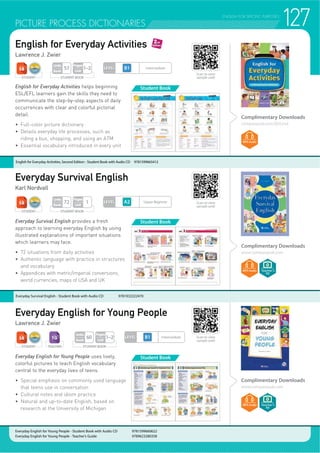 SPEAKING
LEVEL
Intermediate~
Upper Intermediate
Just Speak Up
Olga Geissler
Just Speak Up is a three-series books designed to develop English language
learners’ speaking abilities by engaging the in conversations on multiple topics
in a variety of communicative formats. Many standardized tests of English
language proficiency include speaking components in which students are
expected to be able to talk for several minutes on a given topic in order to
demonstrate their level of oral proficiency. The Just Speak Up series provides
instructors with classroom materials to guide students through more than 60
hours of extensive speaking practice. With more than 250 question prompts
organized into 20 thematic units in each book, students are bound to find
something to talk about in every class period.
f Each book provides teachers with more than 40 hours of speaking practice
f  WKHPDWLF XQLWV LQFOXGH DW OHDVW  TXHVWLRQ SURPSWV
f 'HWDFKDEOH DQVZHU NH DQG WUDQVFULSW ERRNOHW
f 6DPSOH UHVSRQVHV WR WKH TXHVWLRQV IHDWXUHG LQ HDFK XQLW
f 4XHVWLRQ JXLGHV WR KHOS VWXGHQWV RUJDQL]H WKHLU RZQ UHVSRQVHV
f 3DLU DQG JURXS ZRUN DFWLYLWLHV WR NHHS VWXGHQWV DFWLYH DQG HQJDJHG
f $XGLR UHFRUGLQJV RI VDPSOH UHVSRQVHV WR PRGHO LQWRQDWLRQ DQG SURQXQFLDWLRQ
of useful phrases and vocabulary
Student Book Complimentary Downloads
compasspub.com/JSU
STUDENT STUDENT BOOK
Pages
Unit
4
Units
Book
20
Just Speak Up 1 - Student Book with MP3 CD 9781599664163
Just Speak Up 2 - Student Book with MP3 CD 9781599664170
Just Speak Up 3 - Student Book with MP3 CD 9781599664187
Teacher’s
Kit
Scan to view
sample unit!
123
 