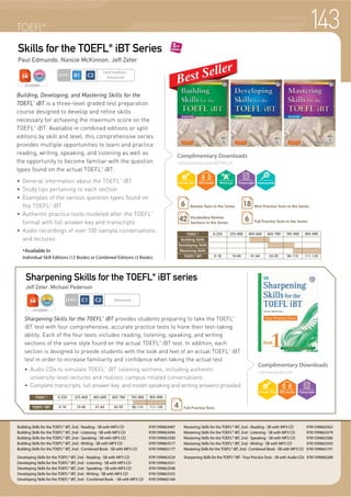 Very Easy TOEIC®
Beginning TOEIC®
Test-taking Skills
Anne Taylor, Garrett Byrne, Mary Chadwick, Sam Robinson
Starter TOEIC®
Building TOEIC®
Test-taking Skills
Anne Taylor, Casey Malarcher
Very Easy TOEIC
®
is a two-book series that is designed for beginning-level students of
English as an introduction to the TOEIC
®
. Each of the units deals with one of the main
grammatical points found in the TOEIC®
.
f General information about
the TOEIC
®
f OHDU DQG SUHFLVH JUDPPDU
explanations
f ([HUFLVH VHFWLRQV WKDW
distinguishes between
commonly confused
pairs of words
f )RFXVHG SUDFWLFH RI QHZ
TOEIC®
question types
TEST PREPARATION
Complimentary Downloads
compasspub.com/toeicskills
Complimentary Downloads
compasspub.com
Starter TOEIC
®
is intended for beginning-level students of English who need to start preparation
for the TOEIC®
. The book is designed to assist students through focused practice while
developing familiarity with the format of the TOEIC®
.
f 7LSV IRU WDNLQJ HDFK VHFWLRQ RI
the test
f Simplified grammar in mini
practice tests to develop test
skills at a comfortable level for
beginners
f Thematic organization of mini
practice tests to focus
vocabulary learning
f Transcripts, answer keys, and
audio recordings included
TOEIC®
LEVEL
Upper Beginner~
Upper Intermediate
STUDENT
TOEIC® 0-250 255-400 405-600 605-780 785-900 905-990
TOEFL®iBT 0-18 19-40 41-64 65-95 96-110 111-120
Starter TOEIC®, Third Edition – Student book with MP3 CD 9781599665726
Very Easy TOEIC® 1, Third Edition 9781640151901
Mini Practice
Tests
22
Mini Practice Tests12
Full Practice
Test
2
Full Practice Test1
TOEIC® 0-250 255-400 405-600 605-780 785-900 905-990
TOEFL®iBT 0-18 19-40 41-64 65-95 96-110 111-120
137
LEVEL
Beginner~
Upper Beginner
Scan to view
sample unit!
Scan to view
sample unit!
Teacher’s
Kit
Very Easy TOEIC® 2, Third Edition 9781640151918
STUDENT
 