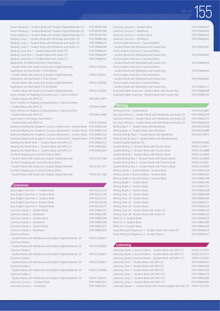 ISBN LIST COMPASS PUBLISHING TITLES-2019C
Phonics  Songs
Compass Club ABC Adventures Starter
- Student Book with Student Digital Materials CD 9781613527443
Compass Club ABC Adventures 1
- Student Book with Student Digital Materials CD 9781613527450
Compass Club ABC Adventures 2
- Student Book with Student Digital Materials CD 9781613527467
Jungle Phonics 1 - Student Book with Student Digital Materials CD 9781945387319
Jungle Phonics 1 - Workbook 9781945387449
Jungle Phonics 2 - Student Book with Student Digital Materials CD 9781945387326
Jungle Phonics 2 - Workbook 9781945387456
Jungle Phonics 3 - Student Book with Student Digital Materials CD 9781945387333
Jungle Phonics 3 - Workbook 9781945387463
Jungle Phonics 4 - Student Book with Student Digital Materials CD 9781945387340
Jungle Phonics 4 - Workbook 9781945387470
Sounds Fun! 1 - Student Book with Audio CD 9781932222692
Sounds Fun! 2 - Student Book with Audio CD 9781932222708
Sounds Fun! 3 - Student Book with Audio CD 9781932222715
Sounds Fun! 4 - Student Book with Audio CDs 9781932222722
Sounds Great 1 - Student Book with Student Digital Materials CD 9781599665771
Sounds Great 1 - Workbook 9781599665825
Sounds Great Readers 1 The Baby’s Cup
- Four Graded Stories with Audio CD 9781599666211
Sounds Great 2 - Student Book with Student Digital Materials CD 9781599665788
Sounds Great 2 - Workbook 9781599665832
Sounds Great Readers 2 Six Robots
- Four Graded Stories with Audio CD 9781599666228
Sounds Great 3 - Student Book with Student Digital Materials CD 9781599665795
Sounds Great 3 - Workbook 9781599665849
Sounds Great Readers 3 Dave the Cop
- Four Graded Stories with Audio CD 9781599666235
Sounds Great 4 - Student Book with Student Digital Materials CD 9781599665801
Sounds Great 4 - Workbook 9781599665856
Sounds Great Readers 4 Frog and Crab
- Four Graded Stories with Audio CD 9781599666242
Sounds Great 5 - Student Book with Student Digital Material CD 9781599665818
Sounds Great 5 - Workbook 9781599665863
Sounds Great Readers 5 A Day at the Beach
- Four Graded Stories with Audio CD 9781599666259
Songbirds, Second Edition - Song Book with Audio CDs 9781599665153
Songbirds, Second Edition - Activity Book (Actions, Games  Activities) 9781599665160
Songbirds, Second Edition - Christmas Carols with Audio CD 9781599665672
Coursebooks
English Chest 1 - Student Book with Audio CD 9781599663845
English Chest 1 - Workbook 9781599663906
English Chest 1 - Teacher’s Guide with CD-ROM 9781599665030
English Chest 2 - Student Book with Audio CD 9781599663852
English Chest 2 - Workbook 9781599663913
English Chest 2 - Teacher’s Guide with CD-ROM 9781599665047
English Chest 3 - Student Book with Audio CD 9781599663869
English Chest 3 - Workbook 9781599663920
English Chest 3 - Teacher’s Guide with CD-ROM 9781599665054
English Chest 4 - Student Book with Audio CD 9781599663876
English Chest 4 - Workbook 9781599663937
English Chest 4 - Teacher’s Guide with CD-ROM 9781599665061
English Chest 5 - Student Book with Audio CD 9781599663883
English Chest 5 - Workbook 9781599663944
English Chest 5 - Teacher’s Guide with CD-ROM 9781599665078
English Chest 6 - Student Book with Audio CD 9781599663890
English Chest 6 - Workbook 9781599663951
English Chest 6 - Teacher’s Guide with CD-ROM 9781599665085
Big Show 1 - Student Book with Digital Materials CD 9781640151246
Big Show 2 - Student Book with Digital Materials CD 9781640151253
Big Show 3 - Student Book with Digital Materials CD 9781640151260
Big Show 4 - Student Book with Digital Materials CD 9781640151390
Big Show 5 - Student Book with Digital Materials CD 9781640151406
Big Show 6 - Student Book with Digital Materials CD 9781640151413
Big Show 1 - Workbook 9781640151277
Big Show 2 - Workbook 9781640151284
Big Show 3 - Workbook 9781640151260
Big Show 4 - Workbook 9781640151420
Big Show 5 - Workbook 9781640151437
Big Show 6 - Workbook 9781640151444
Big Show 1 - Teacher’s Guide 9781640151307
Big Show 2 - Teacher’s Guide 9781640151314
Big Show 3 - Teacher’s Guide 9781640151291
Big Show 4 - Teacher’s Guide 9781640151451
Big Show 5 - Teacher’s Guide 9781640151468
Big Show 6 - Teacher’s Guide 9781640151475
Treehouse 1 - Student Book with MP3 CD 9781613527948
Treehouse 2 - Student Book with MP3 CD 9781613527962
Treehouse 3 - Student Book with MP3 CD 9781613527986
Treehouse 1 - Activity Book with MP3 CD 9781613527955
Treehouse 2 - Activity Book with MP3 CD 9781613527979
Treehouse 3 - Activity Book with MP3 CD 9781613527993
Treehouse 1A - Student Book with Audio CD 9781613528082
Treehouse 1B - Student Book with Audio CD 9781613528105
Treehouse 2A - Student Book with Audio CD 9781613528129
Treehouse 2B - Student Book with Audio CD 9781613528143
Treehouse 3A - Student Book with Audio CD 9781613528167
Treehouse 3B - Student Book with Audio CD 9781613528181
Treehouse 1A - Activity Book with Audio CD 9781613528099
Treehouse 1B - Activity Book with Audio CD 9781613528112
Treehouse 2A - Activity Book with Audio CD 9781613528136
Treehouse 2B - Activity Book with Audio CD 9781613528150
Treehouse 3A - Activity Book with Audio CD 9781613528174
Treehouse 3B - Activity Book with Audio CD 9781613528198
Treehouse 1 - Teacher’s Guide with Classroom Digital Materials CD 9781613528259
Treehouse 2 - Teacher’s Guide with Classroom Digital Materials CD 9781613528266
Treehouse 3 - Teacher’s Guide with Classroom Digital Materials CD 9781613528273
Treehouse 1 - Poster Package 8809471850006
Treehouse 2 - Poster Package 8809471850013
Treehouse 3 - Poster Package 8809471850020
Hang Out! Starter - Student Book with MP3 CD 9781640150904
Hang Out! Starter - Workbook with Student Digital Materials CD 9781640150911
Hang Out! Starter - Teacher’s Guide with Classroom Digital Materials CD 9781640151215
Hang Out! 1 - Student Book with MP3 CD 9781613528372
Hang Out! 1 - Workbook with Student Digital Materials CD 9781613528433
Hang Out! 1 - Teacher’s Guide with Classroom Digital Materials CD 9781613528891
Hang Out! 2 - Student Book with MP3 CD 9781613528389
Hang Out! 2 - Workbook with Student Digital Materials CD 9781613528440
Hang Out! 2 - Teacher’s Guide with Classroom Digital Materials CD 9781613528907
Hang Out! 3 - Student Book with MP3 CD 9781613528396
Hang Out! 3 - Workbook with Student Digital Materials CD 9781613528457
Hang Out! 3 - Teacher’s Guide with Classroom Digital Materials CD 9781613528914
Hang Out! 4 - Student Book with MP3 CD 9781613528402
Hang Out! 4 - Workbook with Student Digital Materials CD 9781613528464
Hang Out! 4 - Teacher’s Guide with Classroom Digital Materials CD 9781613528921
Hang Out! 5 - Student Book with MP3 CD 9781613528419
Hang Out! 5 - Workbook with Student Digital Materials CD 9781613528471
Hang Out! 5 - Teacher’s Guide with Classroom Digital Materials CD 9781613528938
Hang Out! 6 - Student Book with MP3 CD 9781613528426
Hang Out! 6 - Workbook with Student Digital Materials CD 9781613528488
Hang Out! 6 - Teacher’s Guide with Classroom Digital Materials CD 9781613528945
Writing Drive 1 - Student Book with Workbook 9781613524466
Writing Drive 2 - Student Book with Workbook 9781613524367
Writing Drive 3 - Student Book with Workbook 9781613524404
Writing Drive 4 - Student Book with Workbook and MP3 CD 9781613524442
Reading Drive 1 - Student Book with Workbook 9781599665917
Reading Drive 2 - Student Book with Workbook 9781613524343
Reading Drive 3 - Student Book with Workbook 9781613524381
Reading Drive 4 - Student Book with Workbook 9781613524428
 