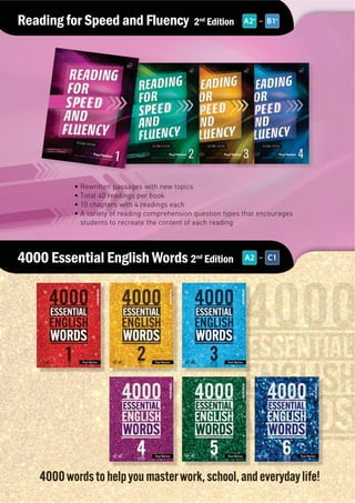 ISBN LIST
First Nonfiction Reading 1 - Student Book with Workbook and
Student Digital Materials CD 9781945387227
First Nonfiction Reading 2 - Student Book with Workbook and
Student Digital Materials CD 9781945387234
First Nonfiction Reading 3 - Student Book with Workbook and
Student Digital Materials CD 9781945387241
Reading Starter 1, Third Edition
- Student Book with Workbook and MP3 CD 9781613525579
Reading Starter 2, Third Edition
- Student Book with Workbook and MP3 CD 9781613525586
Reading Starter 3, Third Edition
- Student Book with Workbook and MP3 CD 9781613525593
Reading Wise 1 - Student Book with Audio CD 9781599665320
Reading Wise 2 - Student Book with Audio CD 9781599665337
Reading Wise 3 - Student Book with Audio CD 9781599665344
Basic Reading 200 Key Words 1 - Student Book with Workbook and
Student Digital Materials CD 9781640150164
Basic Reading 200 Key Words 2 - Student Book with Workbook and
Student Digital Materials CD 9781640150171
Basic Reading 200 Key Words 3 - Student Book with Workbook and
Student Digital Materials CD 9781640150188
Basic Reading 400 Key Words 1 - Student Book with Workbook and
Student Digital Materials CD 9781613528860
Basic Reading 400 Key Words 2 - Student Book with Workbook and
Student Digital Materials CD 9781613528877
Basic Reading 400 Key Words 3 - Student Book with Workbook and
Student Digital Materials CD 9781613528884
Basic Reading 800 Key Words 1 - Student Book with Workbook and
Student Digital Materials CD 9781945387357
Basic Reading 800 Key Words 2 - Student Book with Workbook and
Student Digital Materials CD 9781945387364
Basic Reading 800 Key Words 3 - Student Book with Workbook and
Student Digital Materials CD 9781945387371
Basic Reading 1200 Key Words 1 - Student Book with Workbook and
Student Digital Materials CD 9781945387258
Basic Reading 1200 Key Words 2 - Student Book with Workbook and
Student Digital Materials CD 9781945387265
Basic Reading 1200 Key Words 3 - Student Book with Workbook and
Student Digital Materials CD 9781945387272
Reading Future STARTER 1 - Student Book with Workbook and
Student Digital Materials CD 9781640151789
Reading Future STARTER 2 - Student Book with Workbook and
Student Digital Materials CD 9781640151796
Reading Future STARTER 3 - Student Book with Workbook and
Student Digital Materials CD 9781640151802
Reading Future DREAM 1 - Student Book with Workbook and
Student Digital Materials CD 9781640151819
Reading Future DREAM 2 - Student Book with Workbook and
Student Digital Materials CD 9781640151826
Reading Future DREAM 3 - Student Book with Workbook and
Student Digital Materials CD 9781640151833
Reading Future DISCOVER 1 - Student Book with Workbook and
Student Digital Materials CD 9781640151840
Reading Future DISCOVER 2 - Student Book with Workbook and
Student Digital Materials CD 9781640151857
Reading Future DISCOVER 3 - Student Book with Workbook and
Student Digital Materials CD 9781640151864
Reading Future DEVELOP 1 - Student Book with Workbook and
Student Digital Materials CD 9781640151871
Reading Future DEVELOP 2 - Student Book with Workbook and
Student Digital Materials CD 9781640151888
Reading Future DEVELOP 3 - Student Book with Workbook and
Student Digital Materials CD 9781640151895
Reading Future CONNECT 1 - Student Book with Workbook and
Student Digital Materials CD 9781640151994
Reading Future CONNECT 2 - Student Book with Workbook and
Student Digital Materials CD 9781640152007
Reading Future CONNECT 3 - Student Book with Workbook and
Student Digital Materials CD 9781640152014
Reading Future CHANGE 1 - Student Book with Workbook and
Student Digital Materials CD 9781640152021
Reading Future CHANGE 2 - Student Book with Workbook and
Student Digital Materials CD 9781640152038
Reading Future CHANGE 3 - Student Book with Workbook and
Student Digital Materials CD 9781640152045
Reading Future CREATE 1 - Student Book with Workbook and
Student Digital Materials CD 9781640152052
Reading Future CREATE 2 - Student Book with Workbook and
Student Digital Materials CD 9781640152069
Reading Future CREATE 3 - Student Book with Workbook and
Student Digital Materials CD 9781640152076
Reading Success 1, Second Edition - Student Book with MP3 CD 9781599666006
Reading Success 2, Second Edition - Student Book with MP3 CD 9781599666013
Reading Success 3, Second Edition - Student Book with MP3 CD 9781599666020
Reading Success 4, Second Edition - Student Book with MP3 CD 9781599666037
Reading Success 5, Second Edition - Student Book with MP3 CD 9781599666044
Reading Success 6, Second Edition - Student Book with MP3 CD 9781599666051
School Subject Readings 1, Second Edition - Student Book with
Workbook and Student Digital Materials CD 9781613527528
School Subject Readings 2, Second Edition - Student Book with
Workbook and Student Digital Materials CD 9781613527535
School Subject Readings 3, Second Edition - Student Book with
Workbook and Student Digital Materials CD 9781613527542
More School Subject Readings 1, Second Edition - Student Book with
Workbook and Student Digital Materials CD 9781613527481
More School Subject Readings 2, Second Edition - Student Book with
Workbook and Student Digital Materials CD 9781613527498
More School Subject Readings 3, Second Edition - Student Book with
Workbook and Student Digital Materials CD 9781613527504
Integrate Reading  Writing Basic 1 - Student Book with
Practice Book and Student Digital Materials CD 9781613529324
Integrate Reading  Writing Basic 2 - Student Book with
Practice Book and Student Digital Materials CD 9781613529331
Integrate Reading  Writing Basic 3 - Student Book with
Practice Book and Student Digital Materials CD 9781613529348
Integrate Reading  Writing Basic 4 - Student Book with
Practice Book and Student Digital Materials CD 9781613529355
Integrate Reading  Writing Building 1 - Student Book with
Practice Book and Student Digital Materials CD 9781613529362
Integrate Reading  Writing Building 2 - Student Book with
Practice Book and Student Digital Materials CD 9781613529379
Integrate Reading  Writing Building 3 - Student Book with
Practice Book and Student Digital Materials CD 9781613529386
Integrate Reading  Writing Building 4 - Student Book with
Practice Book and Student Digital Materials CD 9781613529393
Reading Builder 1 - Student Book with Audio CD 9781599660127
Reading Builder 2 - Student Book with Audio CD 9781599660134
Reading Builder 3 - Student Book with Audio CD 9781599660141
Core: Nonfiction Reading 1
- Student Book with Workbook, and Student Digital Materials 9781613527405
Core: Nonfiction Reading 2
- Student Book with Workbook, and Student Digital Materials 9781613527412
Core: Nonfiction Reading 3
- Student Book with Workbook, and Student Digital Materials 9781613527429
Reading Discovery 1 - Student Book with MP3 CD 9781599666150
Reading Discovery 2 - Student Book with MP3 CD 9781599666167
Reading Discovery 3 - Student Book with MP3 CD 9781599666174
Reading Challenge 1, Second Edition - Student Book with Audio CD 9781599665290
Reading Challenge 2, Second Edition - Student Book with Audio CD 9781599665306
Reading Challenge 3, Second Edition - Student Book with Audio CD 9781599665313
Reading for Speed and Fluency 1, Second Edition - Student Book 9781640150676
Reading for Speed and Fluency 2, Second Edition - Student Book 9781640150683
Reading for Speed and Fluency 3, Second Edition - Student Book 9781640150690
Reading for Speed and Fluency 4, Second Edition - Student Book 9781640150706
154
 