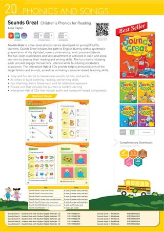 20
Sounds Great Children’s Phonics for Reading
Anne Taylor
Sounds Great is a five-level phonics series developed for young EFL/ESL
learners. Sounds Great initiates the path to English fluency with a systematic
presentation of the alphabet, vowel combinations, and consonant blends.
The full-color illustrations and vast assortment of activities in each unit allow
learners to develop their reading and writing skills. The fun chants following
each unit will engage the learners’ interest while facilitating vocabulary
acquisition. The interactive Hybrid CDs provide helpful pronunciations of the
target letters and sounds, as well as activating computer-based learning skills.
f (DV DQG IXQ VWRULHV WR UHYLHZ QHZ VRXQGV OHWWHUV DQG ZRUGV
f Activities to build listening, reading, and writing skills
f Fun rhyming chants follow each unit for additional exposure
f Review unit that includes fun puzzles to solidify learning
f Interactive Hybrid CDs that include audio and computer-based components
Complimentary Downloads
compasspub.com/SG
Sounds Great 1 - Student Book with Student Digital Materials CD 9781599665771
Sounds Great 2 - Student Book with Student Digital Materials CD 9781599665788
Sounds Great 3 - Student Book with Student Digital Materials CD 9781599665795
Sounds Great 4 - Student Book with Student Digital Materials CD 9781599665801
Sounds Great 5 - Student Book with Student Digital Materials CD 9781599665818
Student Book
Title Units
Sounds Great 1 (Single-Letter Sounds) 8 units, 2 review units, and test
Sounds Great 2 (Short Vowel Sounds) 8 units, 2 review units, and test
Sounds Great 3 (Long Vowel Sounds) 8 units, 2 review units, and test
Sounds Great 4 (Double-Letter Consonant Sounds) 8 units, 2 review units, and test
Sounds Great 5 (Double-Letter Vowel Sounds) 8 units, 2 review units, and test
Sounds Great Workbooks (Single-Letter Sounds) 8 units and 1 review unit
Sounds Great Readers 1 - 5 4 stories per reader
Sounds Great 1 - Workbook 9781599665825
Sounds Great 2 - Workbook 9781599665832
Sounds Great 3 - Workbook 9781599665849
Sounds Great 4 - Workbook 9781599665856
Sounds Great 5 - Workbook 9781599665863
WORKBOOK
Pages
Unit
4
STUDENT BOOK
Pages
Unit
8
Units
Book
8
STUDENT
LEVEL Emergent
Scan to view
sample unit!
Teacher’s
Kit
 