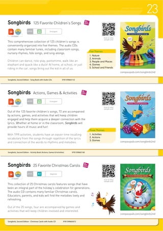 23PHONICS AND SONGS
Songbirds, Second Edition - Christmas Carols with Audio CD 9781599665672
Songbirds 125 Favorite Children’s Songs
Songbirds Actions, Games  Activities
Songbirds 25 Favorite Christmas Carols
Out of the 125 favorite children’s songs, 72 are accompanied
by actions, games, and activities that will keep children
engaged and help them acquire a deeper connection with the
lyrics. Whether at home or in the classroom, Songbirds will
provide hours of music and fun!
With TPR activities, students have an easier time recalling
vocabulary from the songs through repetition of the lyrics
and connection of the words to rhythms and melodies.
This collection of 25 Christmas carols features songs that have
been an integral part of the holiday’s celebration for generations.
The audio CD contains many familiar Christmas carols.
Educators, parents, and kids will find the melodies lively and
refreshing.
Out of the 25 songs, four are accompanied by games and
activities that will keep children involved and interested.
Songbirds, Second Edition - Song Book with Audio CDs 9781599665153
Songbirds, Second Edition - Activity Book (Actions, Games  Activities) 9781599665160
Five Themes
1. Nature
2. Animals
3. People and Places
4. Games
5. School and Friends
Three Themes
1. Activities
2. Actions
3. Games
This comprehensive collection of 125 children’s songs is
conveniently organized into five themes. The audio CDs
contain many familiar tunes, including classroom songs,
nursery rhymes, folk songs, and sing-alongs.
Children can dance, role-play, pantomime, walk like an
elephant and quack like a duck! At home, at school, or just
riding in the car, songs bring out the kid in all of us.
compasspub.com/songbirds2nd
compasspub.com/songbirds2nd
compasspub.com/songbirds2nd
STUDENT
STUDENT
LEVEL Beginner
STUDENT
LEVEL Emergent
LEVEL Emergent
Scan to view
sample unit!
Scan to view
sample unit!
Scan to view
sample unit!
 
