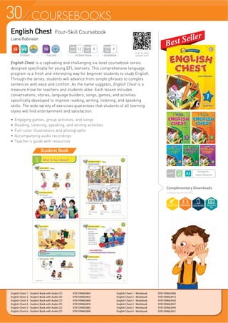 30 COURSEBOOKS
Complimentary Downloads
compasspub.com/EC
English Chest Four-Skill Coursebook
Liana Robinson
English Chest is a captivating and challenging six-level coursebook series
designed specifically for young EFL learners. This comprehensive language
program is a fresh and interesting way for beginner students to study English.
Through the series, students will advance from simple phrases to complex
sentences with ease and comfort. As the name suggests, English Chest is a
treasure trove for teachers and students alike. Each lesson includes
conversations, stories, language builders, songs, games, and activities
specifically developed to improve reading, writing, listening, and speaking
skills. The wide variety of exercises guarantees that students of all learning
styles will find entertainment and satisfaction.
f (QJDJLQJ JDPHV JURXS DFWLYLWLHV DQG VRQJV
f Reading, listening, speaking, and writing activities
f Full-color illustrations and photographs
f Accompanying audio recordings
f Teacher’s guide with resources
Student Book
English Chest 1 - Student Book with Audio CD 9781599663845
English Chest 2 - Student Book with Audio CD 9781599663852
English Chest 3 - Student Book with Audio CD 9781599663869
English Chest 4 - Student Book with Audio CD 9781599663876
English Chest 5 - Student Book with Audio CD 9781599663883
English Chest 6 - Student Book with Audio CD 9781599663890
English Chest 1 - Workbook 9781599663906
English Chest 2 - Workbook 9781599663913
English Chest 3 - Workbook 9781599663920
English Chest 4 - Workbook 9781599663937
English Chest 5 - Workbook 9781599663944
English Chest 6 - Workbook 9781599663951
STUDENT
LEVEL
Emergent~
Upper Beginner
TEACHER WORKBOOK
Pages
Unit
4
STUDENT BOOK
Pages
Unit
6
Units
Book
12
Teacher’s
Kit
Scan to view
sample unit!
 