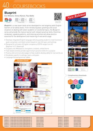 Teacher’s
Kit
40
Blueprint
Eric Williams, Emma Wyman, Paul Battle
Blueprint is a new seven-book series developed for and targeting adult English
learners of all ability levels. From introducing basic greetings and social
situations to dealing with select academic or vocational topics, the Blueprint
series will provide the mature learner with relevant practical skills. Grammar,
vocabulary, speaking patterns, and listening activities will allow practice
essential for the development and mastering of real world usage.
f Develops integrated English language skills by guiding student to meet functional
goals using level-controlled content based on real-life topics and settings
f 'HVLJQHG IRU DOO OHYHOV RI (QJOLVK FRPSHWHQF ()5 UDQJHV IURP $
Beginner to C1 Advanced)
f RXSOHG XQLWV 0RGXOHV 