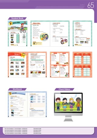 64 READING
Very Easy Reading
Lucas Foster, Casey Malarcher, Anne Taylor
Very Easy Reading Fourth Edition, is a four-level reading series adapted from
Compass’s original, iconic, and best-selling series. Each unit contains activities
to preview, read, comprehend, and consolidate language. The language in each
unit is related to, and learned in the context of, the topic of the reading
passage. This new edition teaches students digital literacy skills which are
essential for 21st-century education. Other new features include the optional
“Bonus,” activities and fun chants for fluency development. As students
develop their reading skills and confidence, they can creatively use the
language they learn from each unit in a creative way to demonstrate their
linguistic competency. The improved and modernized version of one of our
longest-standing products will help young learners feel engaged and as they
learn English.
f 3UHUHDGLQJ ZDUPXS DFWLYLWLHV
f Fun and interesting new reading passages based on fiction and nonfiction
topics
f New and improved illustrations
f 3RVWUHDGLQJ VNLOOEDVHG FRQVROLGDWLRQ DFWLYLWLHV
f Animated chants accessible through CD or QR codes to develop to develop
21st-century learning and digital literacy
f Optional “Bonus” activities allow students and teachers to expand on reading
topics in a variety of creative ways
f 16 units and 4 cumulative review units
f Timed reading to track reading speed and fluency progress
f Easily accessible word list, chant lyrics, and reading progress chart
Scan to view
sample unit!STUDENT BOOK
Pages
Unit
4
Units
Book
16
STUDENT
Very Easy Reading 1, Fourth Edition - Student Book with Digital Materials CD 9781640151956
Very Easy Reading 2, Fourth Edition - Student Book with Digital Materials CD 9781640151963
Very Easy Reading 3, Fourth Edition - Student Book with Digital Materials CD 9781640151970
Very Easy Reading 4, Fourth Edition - Student Book with Digital Materials CD 9781640151987
Complimentary Downloads
compasspub.com
LEVEL Low-elementary
Teacher’s
Kit
 