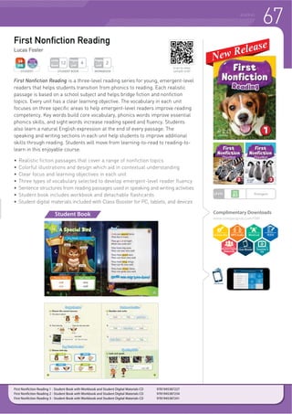 66 READING
Real Easy Reading is a three-level series that equips young learners of English with the
necessary skills for the challenges of nonfiction reading. Students will enjoy reading a
wide variety of interesting passages in this series!
f $ UDQJH RI LQWHUHVWLQJ WRSLFV EDVHG DURXQG IRXU FHQWUDO WKHPHV QDWXUH
culture, places, and beliefs
f 3UHUHDGLQJ DFWLYLWLHV
designed to actively engage
readers
f 9RFDEXODU FRPSUHKHQVLRQ
and recognition exercises
f ,QWHJUDWHG VSHDNLQJ DFWLYLWLHV
to recycle vocabulary
f $XGLR UHFRUGLQJ IRU UHDGLQJ
along and listening activities
f 'RZQORDGDEOH UHYLHZ WHVWV IRU
each unit
f 'HWDFKDEOH ZRUNERRNV
Real Easy Reading 1, Second Edition - Student Book with Workbook and Audio CD 9781613524773
Real Easy Reading 2, Second Edition - Student Book with Workbook and Audio CD 9781613524480
Real Easy Reading 3, Second Edition - Student Book with Workbook and Audio CD 9781613524497
Real Easy Reading
Moraig Macgillivray, Alexandria Williams, Craig Stevens
Reading Time
Jenna Myers
Complimentary Downloads
compasspub.com/RT
Speaking Time
The Reading Time and Speaking
Time series have corresponding
themes throughout!
Student Book
Complimentary Downloads
compasspub.com/RER2e
Reading Time engages students through a variety of fiction and nonfiction passages
GHVLJQHG WR VSDUN LQWHUHVW LQ UHDGLQJ /HDUQHUV ZLOO H[SDQG WKHLU EDVLF UHDGLQJ DELOLW
acquire useful and relevant vocabulary, and develop their writing skills.
f :DUPXS TXHVWLRQV IRU D ZLGH YDULHW RI ILFWLRQ DQG QRQILFWLRQ WRSLFV
f $FWLYLWLHV IRU UHDGLQJ OLVWHQLQJ VSHDNLQJ DQG ZULWLQJ
f )XOOFRORU LOOXVWUDWLRQV DQG SKRWRJUDSKV ZLWK SURJUHVVLYH
exercises to promote fluency
Student Book
Reading Time 1 - Student Book with Audio CD 9781599661445
Reading Time 2 - Student Book with Audio CD 9781599661452
Reading Time 3 - Student Book with Audio CD 9781599661469
WORKBOOK
Pages
Unit
2
STUDENT BOOK
Pages
Unit
4
Units
Book
12
STUDENT
LEVEL
Emergent~
Beginner
Check out page 121!!
LEVEL Beginner
STUDENT BOOK
Pages
Unit
4
Units
Book
20
STUDENT
Scan to view
sample unit!
Scan to view
sample unit!
Teacher’s
Kit
Teacher’s
Kit
 