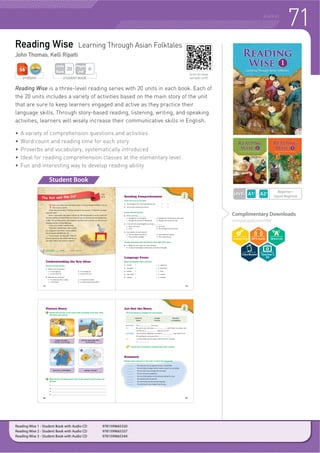 70 READING
Reading Builder
Andrea Janzen, John Thomas
STUDENT BOOK
Pages
Unit
6
Units
Book
20
STUDENT
Reading Builder is a three-level series designed to capture the interest of
learners through the utilization of all four language skills. The series carefully
controls the progression of grammar, vocabulary, and passage length while
maintaining engaging and thought-provoking reading material.
f )XOOFRORU LOOXVWUDWLRQV DQG SKRWRV
f Activities for reading, listening, speaking, and writing
f )LFWLRQDO VWRULHV OHWWHUV DUWLFOHV DGYHUWLVHPHQWV DQG PRUH
f Accompanying audio recordings for listening activities
f )UHH GRZQORDGDEOH VXSSOHPHQWDO PDWHULDO
Teacher’s
Kit
Complimentary Downloads
compasspub.com/RB
LEVEL Upper Beginner
Student Book
Fill in the blank with the correct word.
1. Nina __________ her clean clothes and put them in the closet.
2. I can’t find my homework. It was on the table, but it has
__________!
3. They say that the school is __________ by Mr. Perry’s ghost!
4. Thomas is always __________ dressed.
The Hitchhiker
Jared sat by the campfire, listening to his mother tell stories.Campfires make people talk about strange things, and his mother’sstories were surprising. Finally, she said, “I will tell you a true story,then we should go to bed for the night.
One cold night, I was driving and I saw a young girl hitchhiking onthe road. It was late and there were no lights nearby, so I stopped togive her a ride. She got into the car, and I gave her my jacket to help herwarm up.
She told me where she lived and I drove there. Strangely, when wegot there, she just stayed in the car. I went to the door and an olderwoman answered, I told her about the girl. She smiled sadly and showedme a photo. It was of the girl sitting in my car. She said it was herdaughter who died ten years before, near that part of the road. Herdaughter’s ghost hitchhikes home every year on the day of herdeath. I ran back to my car and looked in, but shewasn’t there! She vanished into thin air!
The next day, I went to look for her grave. Ontop of the stone, I found my neatly folded jacket. Inever believed in ghosts, but ever since that night,I’m not sure.”
5
10
15
20
(228 words)
a. neatly
b. haunted
c. folded
d. vanished
90
Track 43
Choose the best answer.
1. What is the main idea of this
reading?
a. People shouldn’t believe in
ghosts.
b. Hitchhiking is dangerous.
c. Ghosts are very sad beings.
d. Ghosts could be possible.
2. What does “it” refer to in line 12 of
the reading?
a. The mother’s conversation
b. The photo
c. The house
d. The ghost
3. What did the mother find on the
girl’s grave?
a. A picture of the girl
b. A piece of clothing
c. A ghost
d. The girl’s name
4. According to the story, which of the
following is NOT true?
a. The mother saw a ghost.
b. The mother stopped to give a
young girl a ride.
c. The young girl was dead.
d. The young girl played a joke on
the mother.
Adverbs
Fill in the blank with the correct word.
completely neatly sadly eventually
1. The girl cried ____________ over her broken toy.
2. ____________ I went to look for her grave.
3. Jared’s mother found her jacket ____________ folded on a grave.
4. The girl vanished ____________ before I got back to the car.
91
Scan to view
sample unit!
Reading Builder 1 - Student Book with Audio CD 9781599660127
Reading Builder 2 - Student Book with Audio CD 9781599660134
Reading Builder 3 - Student Book with Audio CD 9781599660141
 