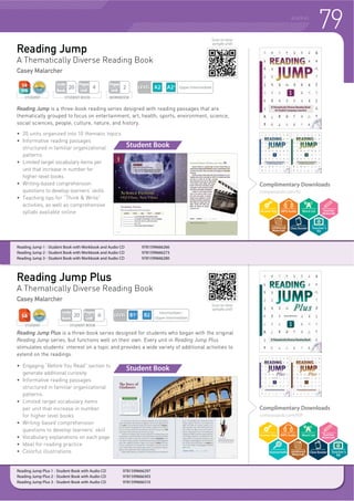 76 READING
Scan to view
sample unit!WORKBOOK
Pages
Unit
2
STUDENT BOOK
Pages
Unit
4
Units
Book
16
STUDENT
Reading Future Starter is a three-book reading series for beginner learners
of English. Each book contains nonfiction passages covering a
broad range of school subjects on fun and engaging topics, enhancing
students’ enjoyment of reading as well as their academic knowledge.
Students gradually not only expand their vocabulary through exposure to
high-frequency words, but also review phonics words related to the unit
topics. Wrap-up activities enable students to review what they have learned in
a fun way.
f ,QWHUHVWLQJ WRSLFV FRYHULQJ D ZLGH UDQJH RI VXEMHFWV LQFOXGLQJ VRFLDO
studies, science, math, art, music, physical education, and more
f OHDU XQLW REMHFWLYHV OLQNHG WR UHDOZRUOG DFDGHPLF VWDQGDUGV
f )XQ DQG HQJDJLQJ ZUDSXS DFWLYLWLHV ZKLFK KHOS VWXGHQWV XQGHUVWDQGLQJ
of each unit
Reading Future is a six–level reading series for beginner to intermediate
learners of English. Each level has three books that increase students’
reading skills. Each book contains nonfiction passages covering a broad
range of school subjects on high-interest topics linked to the future. Students
gradually expand their vocabulary through exposure to high-frequency and
practical vocabulary related to the unit topics. Students will develop
21st-century skills and shape the future with Reading Future.
f ,QIRUPDWLYH SDVVDJHV FRYHULQJ YDULRXV ILHOGV UHODWHG WR WKH IXWXUH
f Interesting topics covering a wide range of subjects, including social
studies, science, math, art, music, literature, language arts, physical
education, careers, and more
f Reading skill exercises to develop ability to understand the structure of the
passages through graphic organizers
f Projects based around 21st-century skills
Reading Future
Casey Malarcher, Susan Ludwig, Kelli Ripatti, Nancy Furstinger
Reading Future STARTER 1 - Student Book with Workbook and Student Digital Materials CD 9781640151789
Reading Future STARTER 2 - Student Book with Workbook and Student Digital Materials CD 9781640151796
Reading Future STARTER 3 - Student Book with Workbook and Student Digital Materials CD 9781640151802
Reading Future DREAM 1 - Student Book with Workbook and Student Digital Materials CD 9781640151819
Reading Future DREAM 2 - Student Book with Workbook and Student Digital Materials CD 9781640151826
Reading Future DREAM 3 - Student Book with Workbook and Student Digital Materials CD 9781640151833
Reading Future DISCOVER 1 - Student Book with Workbook and Student Digital Materials CD 9781640151840
Reading Future DISCOVER 2 - Student Book with Workbook and Student Digital Materials CD 9781640151857
Reading Future DISCOVER 3 - Student Book with Workbook and Student Digital Materials CD 9781640151864
Reading Future DEVELOP 1 - Student Book with Workbook and Student Digital Materials CD 9781640151871
Reading Future DEVELOP 2 - Student Book with Workbook and Student Digital Materials CD 9781640151888
Reading Future DEVELOP 3 - Student Book with Workbook and Student Digital Materials CD 9781640151895
Complimentary Downloads compasspub.com
Teacher’s
Kit
LEVEL Emergent
LEVEL Beginner
 