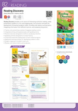 79READING
More School Subject Readings 1, Second Edition - Student Book with Workbook,  Hybrid CD 9781613527481
More School Subject Readings 2, Second Edition - Student Book with Workbook,  Hybrid CD 9781613527498
More School Subject Readings 3, Second Edition - Student Book with Workbook,  Hybrid CD 9781613527504
Reading Jump is a three-book reading series designed with reading passages that are
thematically grouped to focus on entertainment, art, health, sports, environment, science,
social sciences, people, culture, nature, and history.
Reading Jump Plus is a three-book series designed for students who began with the original
Reading Jump series, but functions well on their own. Every unit in Reading Jump Plus
stimulates students’ interest on a topic and provides a wide variety of additional activities to
extend on the readings.
f  XQLWV RUJDQL]HG LQWR  WKHPDWLF WRSLFV
f ,QIRUPDWLYH UHDGLQJ SDVVDJHV
structured in familiar organizational
patterns
f /LPLWHG WDUJHW YRFDEXODU LWHPV SHU
unit that increase in number for
higher-level books
f :ULWLQJEDVHG FRPSUHKHQVLRQ
questions to develop learners’ skills
f 7HDFKLQJ WLSV IRU |7KLQN :ULWH}
activities, as well as comprehensive
syllabi available online
f (QJDJLQJ |%HIRUH RX 5HDG} VHFWLRQ WR
generate additional curiosity
f ,QIRUPDWLYH UHDGLQJ SDVVDJHV
structured in familiar organizational
patterns.
f /LPLWHG WDUJHW YRFDEXODU LWHPV
per unit that increase in number
for higher level books
f :ULWLQJEDVHG FRPSUHKHQVLRQ
questions to develop learners’ skill
f 9RFDEXODU H[SODQDWLRQV RQ HDFK SDJH
f ,GHDO IRU UHDGLQJ SUDFWLFH
f RORUIXO LOOXVWUDWLRQV
Reading Jump 1 - Student Book with Workbook and Audio CD 9781599666266
Reading Jump 2 - Student Book with Workbook and Audio CD 9781599666273
Reading Jump 3 - Student Book with Workbook and Audio CD 9781599666280
Reading Jump Plus
$ 7KHPDWLFDOO 'LYHUVH 5HDGLQJ %RRN
Casey Malarcher
Complimentary Downloads
compasspub.com/RJP
Reading Jump
$ 7KHPDWLFDOO 'LYHUVH 5HDGLQJ %RRN
Casey Malarcher
Reading Jump Plus 1 - Student Book with Audio CD 9781599666297
Reading Jump Plus 2 - Student Book with Audio CD 9781599666303
Reading Jump Plus 3 - Student Book with Audio CD 9781599666310
Student Book
Student Book
Complimentary Downloads
compasspub.com/RJ
STUDENT
LEVEL Upper Intermediate
STUDENT BOOK
Pages
Unit
6
Units
Book
20
STUDENT
LEVEL
Intermediate~
Upper Intermediate
WORKBOOK
Pages
Unit
2
STUDENT BOOK
Pages
Unit
4
Units
Book
20
Scan to view
sample unit!
Scan to view
sample unit!
Teacher’s
Kit
Teacher’s
Kit
 