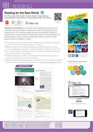 85READING
545545445554445
Science and
Technology
5
CHAPTER
54
1.1. Do youDo you know abknow about anyout any famousfamous volcanvolcanoes?oes?
2.2. What doWhat do you thyou think phoink phones wernes were likee like 50 or 150 or 100 year00 years ago?s ago?
3.3. Do youDo you thinkthink you oveyou overuse yoruse your cellur cell phone?phone?
HAWAII—A river of orange lava ﬂows out of a volcano.
Telephones, Then and Now
Keyword Category Deﬁnition Use in a sentence
to keep something in
one’s arms or hands
company noun
caller
someone who calls on a
phone
operator
someone who helps people
talk to others by phone
connect verb
whole The whole family will like this movie.
share verb
line
a wire, as in a phone
system
take turns Let’s take turns playing the game.
ofﬁce noun
18
Supervolcanoes
Keyword Category Deﬁnition Use in a sentence
volcano
an opening in the earth where
gases and hot rocks come out
explosion noun
explode The car exploded with a big noise.
cover
to put something on top
of something else
ash After we burned the paper, only ash was left.
national relating to a country
serious
needing a lot of thinking
and care
scientist noun
winter In Canada, the winter is very cold.
lifetime
one's whole life, from
birth to death
17
5555
Learning to Fly
Keyword Category Deﬁnition Use in a sentence
airplane noun
wing All birds have wings.
however but; though
ﬁll verb
balloon
a bag ﬁlled with air and
tied at the neck
ﬁnally in the end
glider A glider is a kind of plane.
control He lost control of the bike and hit the tree.
motor
a machine that gives
power to move something
second 1/60 of a minute
19
Phone Overuse
Keyword Category Deﬁnition Use in a sentence
to do something too
much
careful
You should be careful when you use a sharp
knife.
overuse verb
game noun
problem
something harmful or
not wanted
pay verb
serious
needing a lot of thinking
and care
check Why are you checking the time so much?
may modal used to express possibility
cut down phrase You should cut down on sugar or you’ll get fat.
20
565556656
17
READING
One of the best-known volcanic explosions in history was in Italy. Mount
Vesuvius exploded in the year 79 CE. It covered the city of Pompeii in very hot
ash. There was so much ash that all the city was covered and forgotten for about
1,500 years. Vesuvius was a very large volcano, but it wasn’t the biggest volcanic
explosion. It was actually quite small.
The largest volcanos are called supervolcanoes. Supervolcanoes can put more
than 1,000 km3
of ash and
rocks into the air. That
is more than 1,000 times
more than what covered
Pompeii. The best-known
supervolcano is in
Yellowstone National Park
in the United States. It
last exploded more than
630,000 years ago, making
a hole 55 km wide and
80 km long.
If a supervolcano like
the one in Yellowstone
exploded today, it would
be a very difﬁcult time. Tens of thousands of people would die from the explosion,
and many more people would die later. The rocks and ash that would go up into
the air could make a long, dark winter which could kill the plants and animals
we use for food. It would be many times more serious than Pompeii. But could it
happen in our lifetime?
Some scientists think that the answer is yes—and it may happen in Italy
again. Scientists think a supervolcano there could be coming to life again after
500 years. It happened in the past, and it can happen now. These scientists say
that it could explode again soon. Let’s hope not.
5
10
15
20
25
30
Time
Supervolcanoes
What is Australia famous for?
Track
17
5757
Student Book 2
The End of Aging
Keyword Category Deﬁnition Use in a sentence
The doctor gave me medicine for my cold.
technology
average noun
developed
beyond past a certain point
age verb
anti- preﬁx
imagine
machine
cancer
18
Online Education
Keyword Category Deﬁnition Use in a sentence
distance the space between things
ﬁle-sharing
apps
technology
face-to-face
video chat
social media noun
university
degree I graduated with a degree in mathematics.
17
55
Octopus Intelligence
Keyword Category Deﬁnition Use in a sentence
smartest
backbone
hide
tank There are 20 liters of water in the ﬁsh tank.
crab
steal
to take something
without paying for it
trap noun
aquarium
pipe
survival
19
Self-Driving Cars
Keyword Category Deﬁnition Use in a sentence
self-driving
accident
second 1/60 of a minute
mistakes
careless adjective
rule noun
decide
real-time
perfect
unexpected
If you don’t plan, unexpected things can
happen.
20
56
18
READING
In recent times, discoveries
in medicine and technology have
meant that humans now live longer
than before. For example, in 1960,
the average person in developed
countries lived to be about 70 years
old. By 2010, the average had gone
up to over 80 years. Today, it is not
unusual for many people to reach
their 90th
birthday and beyond.
It isn’t just that we are living
longer. We are living better, too.
New technologies, better healthcare,
information about how to live, and better eating not only make our life longer,
but also make it better as well. A healthy 60-year-old today is often happier and
does more than a 60-year-old who lived in the early 1900s.
In fact, our life is getting better so quickly that a group of scientists now say
that the next step is to end aging completely. This group, called the anti-aging
movement, believes that we can use drugs and technology to make our lives far
longer than most people today can even imagine. One of its leaders, Ray Kurzweil,
has said that soon humans will be able to live forever.
Another leader of the anti-aging movement, Aubrey de Grey, believes that
most of the technology needed to slow down aging is already here. He says that
the human body is like a machine; we can continue to change parts and keep it
working. But ﬁrst, we must stop thinking of aging as something that we can’t
stop. Instead, he says, we should ﬁght aging in the same way that we ﬁght cancer.
Many scientists agree with these ideas. In fact, most scientists today think it
is possible to make the average human life last around 90 years. What they don’t
agree on yet is how long it will take to reach this goal.
5
10
15
20
25
Time
The End of Aging
59
Can science help us to live much longer lives?
Track
18
1. Who is the oldest person you know? How old is he or she?oWh
2. If you could replace your body with a new body, would you do it?
3. How would humanity change if we could live for 300 years?
Expansion Questions
A Circle the right answer.
1. The main idea in this reading is:
a. It may be possible for people to live much longer lives.
b. The anti-aging movement wants people to stay young forever.
c. Today, the average person’s life is about 90 years.
d. Medicine and technology are changing the world.
According to the reading:
2. Ray Kurzweil died in 1960.
3. Many scientists agree that our lives can be longer.
4. Aubrey de Grey wants us to think about aging in a different way.
5. Today, 60-year-olds are happier than 60-year-olds in the 1920s.
T F
T F
T F
T F
B Check your answers.
Score /5
C Summarize the key points in the reading. Turn to page 65.
60
Student Book 3
The Arts4
CHAPTER
444224242
1.1. Look atLook at the pithe picture.cture. Do youDo you know whknow what thesat these are?e are?
2.2. Do youDo you know hoknow how to fow to fold origld origami? Whami? What canat can you makyou make?e?
3.3. What doWhat do most fmost famous samous storiestories of heroof heroes havees have in comin common?mon?
VANCOUVER, CANADA—Three totem poles are painted with the
traditional colors of the Haida, a group of Native Canadians.
Origami
Keyword Category Deﬁnition Use in a sentence
origami
fold verb
pattern
instructions
corner A square has four sides and four corners.
directions noun
triangle
reﬂect A country’s art reﬂects its culture.
calm verb
step noun
14
A Hero’s Journey
Keyword Category Deﬁnition Use in a sentence
power noun
journey
in fact
I can see ghosts. In fact, there’s one behind you
right now.
pattern
basic adjective
train verb
successful
suggest
partly
character
With so many characters in this book, it’s hard
to understand the story.
13
434343
Totem Poles
Keyword Category Deﬁnition Use in a sentence
totem pole
common
explain
to give details and make
something clear
nature
event noun
refer
similar
to be like something, but
not exactly the same
therefore
It was raining. Therefore, we couldn’t go to the
beach.
modern
quality
a characteristic of
something
15
Realism in Art
Keyword Category Deﬁnition Use in a sentence
style
popular adjective
Realism noun
Realist
an artist who paints in
the style of Realism
treat
to act a certain way towards
someone or something
describe
He can’t see, so we described the picture to
him.
event
ugly
social adjective
soup
16
44
13
READING
Do you know the story of a young man who one day learns that he has a
special power? An old teacher helps him to learn about this power and then sends
the hero on a journey to save the world. At ﬁrst, he doesn’t want to go, but then
he changes his mind. In his journey, he is helped by some unusual friends.
Did you think of Harry Potter? How about Luke Skywalker in Star Wars, or
Frodo in Lord of the Rings? Maybe you thought about Shrek. In fact, you could
be thinking of any of these
stories and many more. They
all follow the same basic
pattern.
This idea that there is one
story pattern comes from a
man named Joseph Campbell.
Campbell said that many
stories are really just the same
story over and over again. It
starts when the hero, usually
a young man, ﬁnds out about
his special power.
Next, the hero trains to use his power with a smart, old teacher. For example,
Luke Skywalker trains with Obi-wan Kenobi. This teacher often dies before the
story ends. The hero is also helped by other characters; often, they are special
animals. Sometimes there is a friend who doesn’t seem to be completely good at
ﬁrst—Han Solo in Star Wars is an example of this. In the end, the hero saves the
world, an act which changes him. For example, Shrek learns to be kind to others.
Usually, the hero is not successful in the early part of the story, but wins in the
end.
We can see that there is a well-known pattern in these stories. However, was
Campbell right to say that they are the same story? One way to test this idea is
to change characters between stories. For example, imagine changing Obi-wan
Kenobi from Star Wars with Professor Dumbledore in Harry Potter. Would this
change anything important in either story? Most people would agree that the
basic story does not change at all. This suggests that Campbell’s idea is at least
partly right. Can you think of other stories like this?
5
10
15
20
25
30
Time
A Hero’s Journey
Why do many stories have so much in common?
Track
13
45
Student Book 4
 