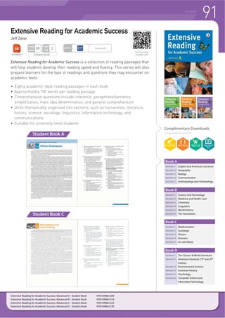 88 READING
Reading for the Real World
Eric Prochaska, Anne Taylor, Barbara Graber, Peggy Babcock,
Kayang Gagiano, Michael Kane, Moraig Macgillivray, Tonia Peters
Reading for the Real World is a four-book series designed for high school and
university students who wish to improve their academic reading fluency and
comprehension. All reading passages and exercises have been revised and
XSGDWHG +LJKLQWHUHVW UHDGLQJV RQ D ZLGH UDQJH RI WRSLFV PRWLYDWH VWXGHQWV DQG
SURYLGH DEXQGDQW SUDFWLFH ZKLOH DOVR HQDEOLQJ VWXGHQWV WR DFTXLUH WKH 1HZ
$FDGHPLF :RUG /LVW 1$:/ 