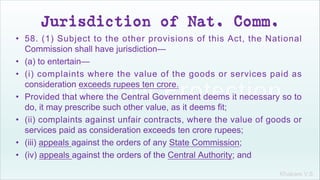 Khakare V.S.
Jurisdiction of Nat. Comm.
• 58. (1) Subject to the other provisions of this Act, the National
Commission shall have jurisdiction—
• (a) to entertain—
• (i) complaints where the value of the goods or services paid as
consideration exceeds rupees ten crore.
• Provided that where the Central Government deems it necessary so to
do, it may prescribe such other value, as it deems fit;
• (ii) complaints against unfair contracts, where the value of goods or
services paid as consideration exceeds ten crore rupees;
• (iii) appeals against the orders of any State Commission;
• (iv) appeals against the orders of the Central Authority; and
 