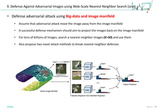 17Type A-3
9. Defense Against Adversarial Images using Web-Scale Nearest-Neighbor Search (oral)
• Defense adversarial attack using Big-data and image manifold
• Assume that adversarial attack move the image away from the image manifold
• A successful defense mechanism should aim to project the images back on the image manifold
• For tens of billions of images, search a nearest-neighbor images (K=50) and use them
• Also propose two novel attack methods to break nearest neighbor defenses
 