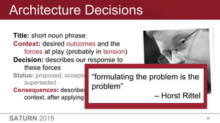 SATURN 2019 25
Architecture Decisions
Title: short noun phrase
Context: desired outcomes and the
forces at play (probably ...