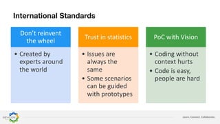 Learn. Connect. Collaborate.
International Standards
Don’t reinvent
the wheel
• Created by
experts around
the world
Trust in statistics
• Issues are
always the
same
• Some scenarios
can be guided
with prototypes
PoC with Vision
• Coding without
context hurts
• Code is easy,
people are hard
 