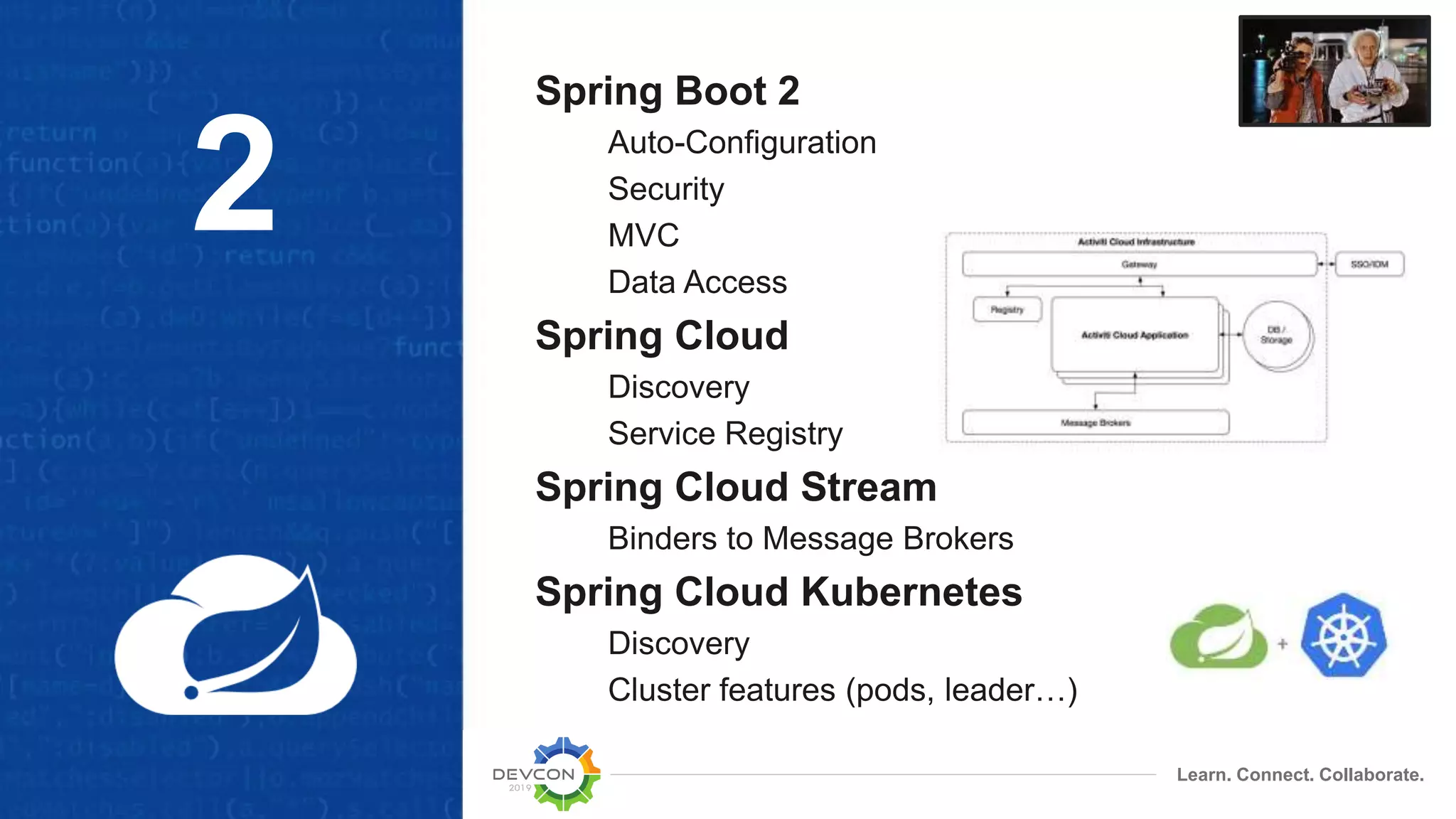 Learn. Connect. Collaborate.
Spring Boot 2
Auto-Configuration
Security
MVC
Data Access
Spring Cloud
Discovery
Service Registry
Spring Cloud Stream
Binders to Message Brokers
Spring Cloud Kubernetes
Discovery
Cluster features (pods, leader…)
2
 