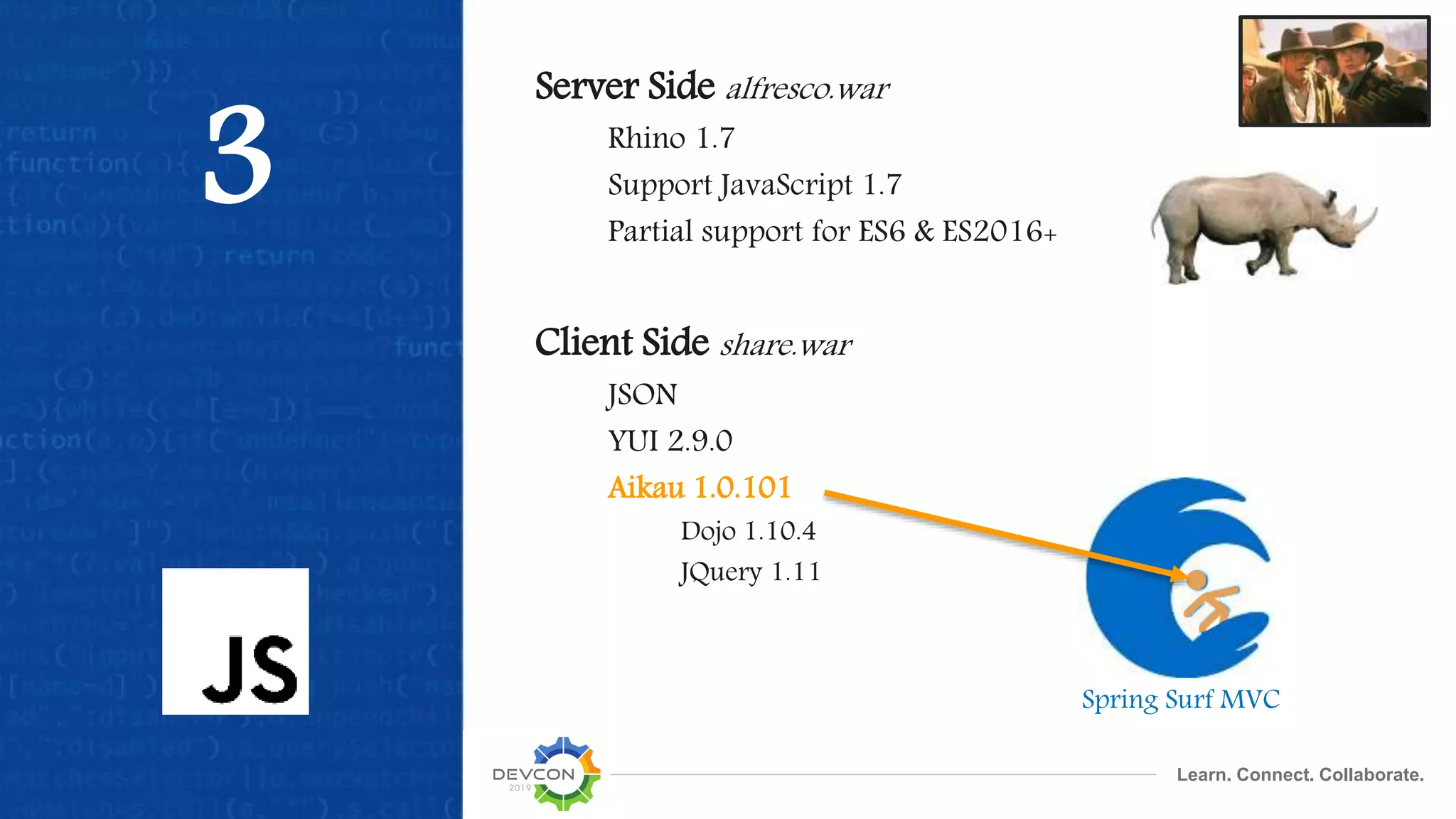 Learn. Connect. Collaborate.
3
Server Side alfresco.war
Rhino 1.7
Support JavaScript 1.7
Partial support for ES6 & ES2016+
Client Side share.war
JSON
YUI 2.9.0
Aikau 1.0.101
Dojo 1.10.4
JQuery 1.11
Spring Surf MVC
 
