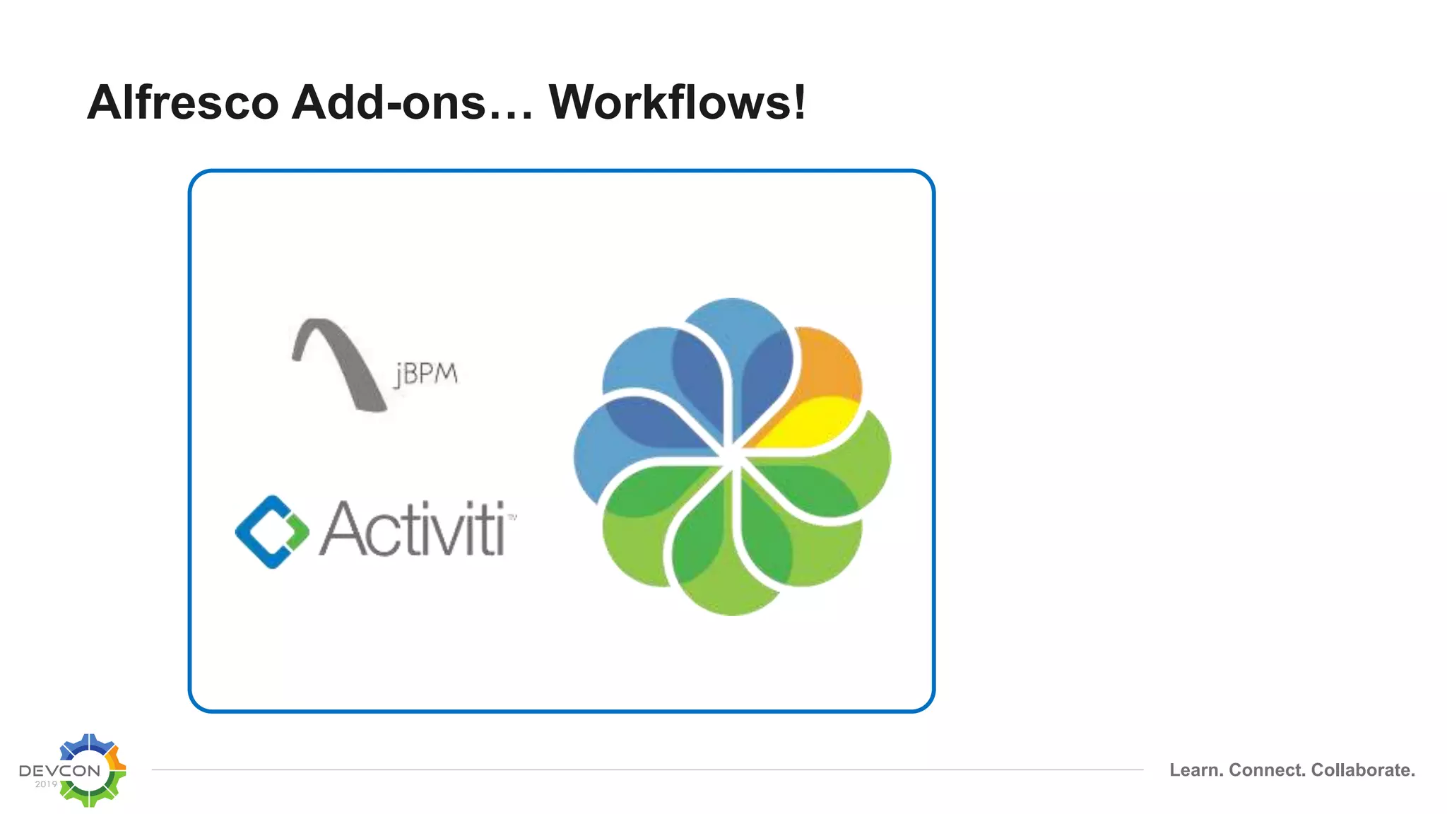 Learn. Connect. Collaborate.
Alfresco Add-ons… Workflows!
 
