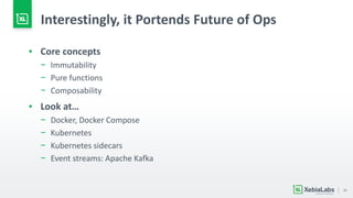 31
Interestingly, it Portends Future of Ops
▪ Core concepts
− Immutability
− Pure functions
− Composability
▪ Look at…
− Docker, Docker Compose
− Kubernetes
− Kubernetes sidecars
− Event streams: Apache Kafka
 