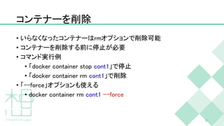 コンテナーを削除
• いらなくなったコンテナーはrmオプションで削除可能
• コンテナーを削除する前に停止が必要
• コマンド実行例
• 「docker container stop cont1」で停止
• 「docker container rm cont1」で削除
• 「--force」オプションも使える
• docker container rm cont1 --force
27
 