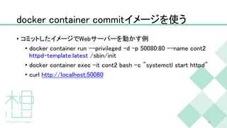 docker container commitイメージを使う
• コミットしたイメージでWebサーバーを動かす例
• docker container run --privileged -d -p 50080:80 --name cont2
httpd-template:latest /sbin/init
• docker container exec -it cont2 bash -c "systemctl start httpd"
• curl http://localhost:50080
34
 