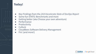 Today!
● Key Findings from the 2019 Accelerate State of DevOps Report
● Some fun STATS: Benchmarks and more
● Getting bett...