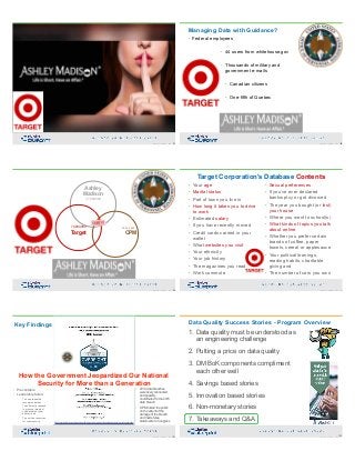 97Copyright 2019 by Data Blueprint Slide #
Managing Data with Guidance?
• Federal employees
• 44 users from whitehouse.gov
• Thousands of military and  
government e-mails
• Canadian citizens
• One-fifth of Quebec
98Copyright 2019 by Data Blueprint Slide #
 
Ashley 
Madison 
37,000,000
 
 
25,000,000 
OPM
 
 
 
70,000,000 
Target
99Copyright 2019 by Data Blueprint Slide #
Target Corporation's Database Contents
100Copyright 2019 by Data Blueprint Slide #
• Your age
• Marital status
• Part of town you live in
• How long it takes you to drive
to work
• Estimated salary
• If you have recently moved
• Credit cards carried in your
wallet
• What websites you visit
• Your ethnicity
• Your job history
• The magazines you read
• Work commute
• Sexual preferences
• If you’ve ever declared
bankruptcy or got divorced
• The year you bought (or lost)
your house
• Where you went to school(s)
• What kinds of topics you talk
about online
• Whether you prefer certain
brands of coffee, paper
towels, cereal or applesauce
• Your political leanings,
reading habits, charitable
giving and
• The number of cars you own
101Copyright 2019 by Data Blueprint Slide #
https://oversight.house.gov/report/opm-data-breach-government-jeopardized-national-security-generation/
How the Government Jeopardized Our National
Security for More than a Generation
• Preventable
• Leadership failed
– To heed repeated
recommendations
– To sufficiently respond
to growing threats of
sophisticated cyber
attacks, and
– To prioritize resources
for cybersecurity
• 2014 data breaches
were likely connected
and possibly
coordinated to the 2015
data breach
• OPM misled the public
on the extent of the
damage of the breach
and made false
statements to Congress
Key Findings
102Copyright 2019 by Data Blueprint Slide #
Data Quality Success Stories - Program Overview
1. Data quality must be understood as  
an engineering challenge
2. Putting a price on data quality
3. DM BoK components compliment  
each other well
4. Savings based stories
5. Innovation based stories
6. Non-monetary stories
7. Takeaways and Q&A
 