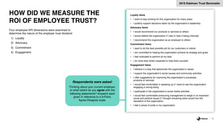 HOW DID WE MEASURE THE
ROI OF EMPLOYEE TRUST?
63
Four employee KPI dimensions were examined to
determine the nature of the employer trust dividend:
1) Loyalty
2) Advocacy
3) Commitment
4) Engagement
2019 Edelman Trust Barometer
Loyalty items
• I want to stay working for this organization for many years
• I publicly support decisions taken by the organization’s leadership
Advocacy items
• I would recommend our products or services to others
• I would defend the organization if I see or hear it being criticized
• I recommend this organization as an employer to others
Commitment items
• I want to do the best possible job for our customers or clients
• I am committed to helping the organization achieve its strategy and goals
• I feel motivated to perform at my best
• I do more than what’s expected to help them succeed
Engagement items
• I behave in a way that epitomizes the organization’s values
• I support the organization’s social causes and community activities
• I offer suggestions for improving the organization’s processes,
products or services
• I would feel comfortable in speaking up if I were to see the organization
engaging in wrong-doing
• I participate in the organization’s social media activities
• I would feel comfortable pressuring management to weigh in on important
social and political issues if I thought remaining silent would hurt the
reputation of the organization
• I feel a sense of pride in my organization
Respondents were asked:
Thinking about your current employer,
to what extent do you agree with the
following statements? Answers were
given in reference to a 9-Point,
Agree-Disagree scale.
 