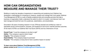 Building on nearly two decades of experience in researching and analyzing trust, Edelman has
developed a methodology for companies to measure, analyze and manage their trust capital. Edelman
Trust Management (ETM) is a suite of flexible analytical tools and consulting services that help a
business or organization better understand the extent to which it is trusted—and discover how it can
best manage and build the trust of its audiences, stakeholders, and shareholders.
Grounded in 20 years of existing research in trust, ETM was devised and verified by a team of
specialists across communications, business, and academia to link trust to real-life business outcomes.
At the heart of ETM is our Edelman Net Trust Score (ENTS) and four dimensions of trust:
Overall Trust: “I trust this company to do what is right”
Ability: “This company is good at what it does”
Integrity: “This company is honest”
Dependability: “This company keeps its promises”
Purpose: “This company is trying hard to have a positive impact on society”
HOW CAN ORGANIZATIONS
MEASURE AND MANAGE THEIR TRUST?
64
To learn more about Edelman Trust Management (ETM),
please contact us at EdelmanTrustManagement@edelman.com
 