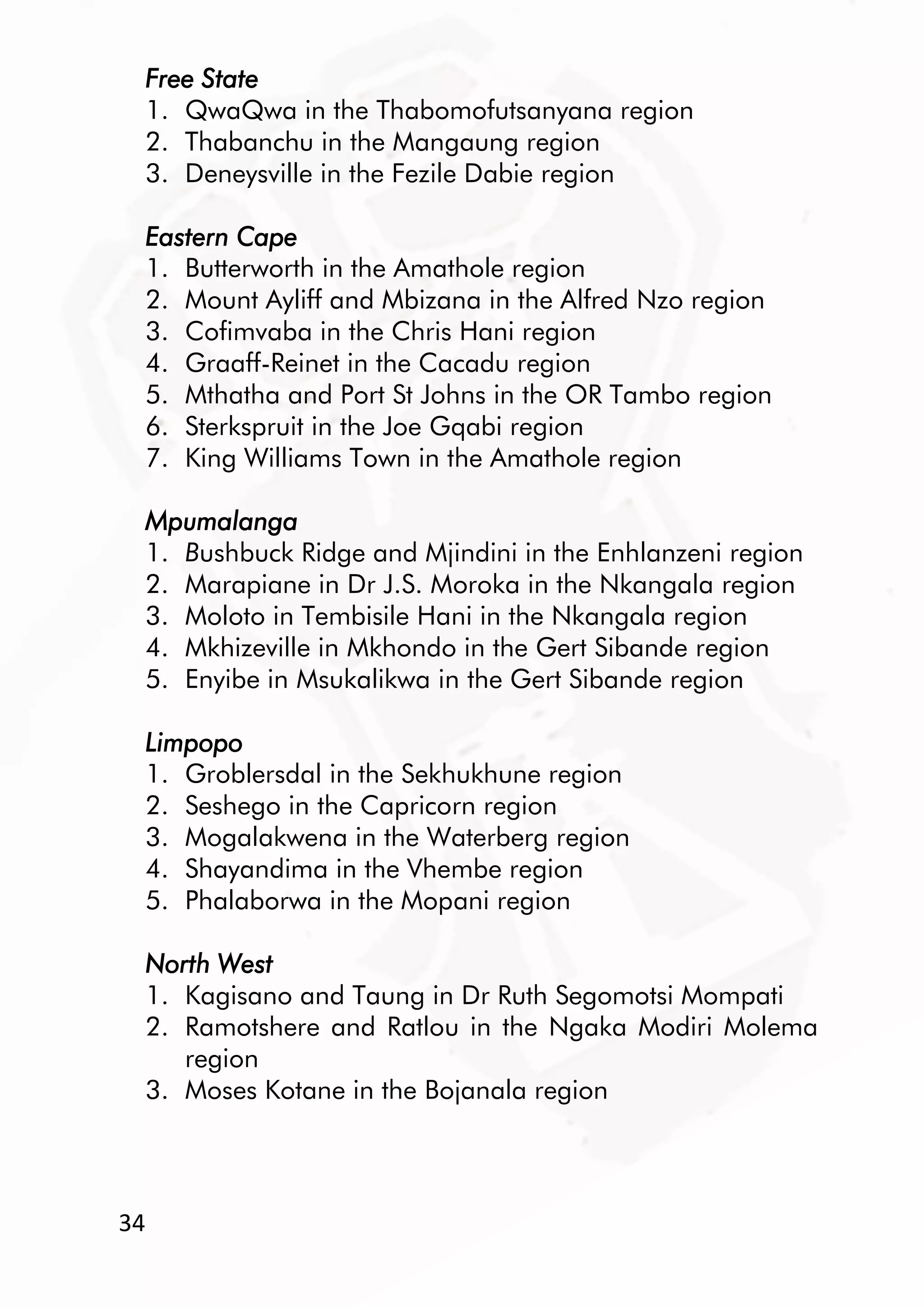 34
Free State
1. QwaQwa in the Thabomofutsanyana region
2. Thabanchu in the Mangaung region
3. Deneysville in the Fezile Dabie region
Eastern Cape
1. Butterworth in the Amathole region
2. Mount Ayliff and Mbizana in the Alfred Nzo region
3. Cofimvaba in the Chris Hani region
4. Graaff-Reinet in the Cacadu region
5. Mthatha and Port St Johns in the OR Tambo region
6. Sterkspruit in the Joe Gqabi region
7. King Williams Town in the Amathole region
Mpumalanga
1. Bushbuck Ridge and Mjindini in the Enhlanzeni region
2. Marapiane in Dr J.S. Moroka in the Nkangala region
3. Moloto in Tembisile Hani in the Nkangala region
4. Mkhizeville in Mkhondo in the Gert Sibande region
5. Enyibe in Msukalikwa in the Gert Sibande region
Limpopo
1. Groblersdal in the Sekhukhune region
2. Seshego in the Capricorn region
3. Mogalakwena in the Waterberg region
4. Shayandima in the Vhembe region
5. Phalaborwa in the Mopani region
North West
1. Kagisano and Taung in Dr Ruth Segomotsi Mompati
2. Ramotshere and Ratlou in the Ngaka Modiri Molema
region
3. Moses Kotane in the Bojanala region
 