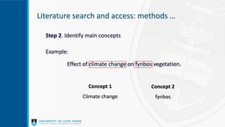 Literature search and access: methods …
Step 2. Identify main concepts
Example:
Effect of climate change on fynbos vegetation.
Concept 1
Climate change
Concept 2
fynbos
 