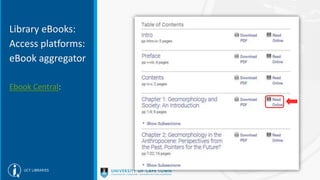 Library eBooks:
Access platforms:
eBook aggregator
Ebook Central:
 