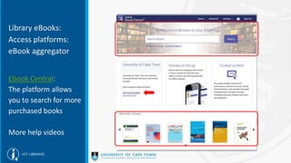 Library eBooks:
Access platforms:
eBook aggregator
Ebook Central:
The platform allows
you to search for more
purchased books
More help videos
 