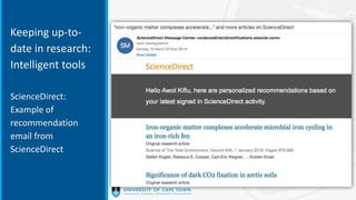 Keeping up-to-
date in research:
Intelligent tools
ScienceDirect:
Example of
recommendation
email from
ScienceDirect
 